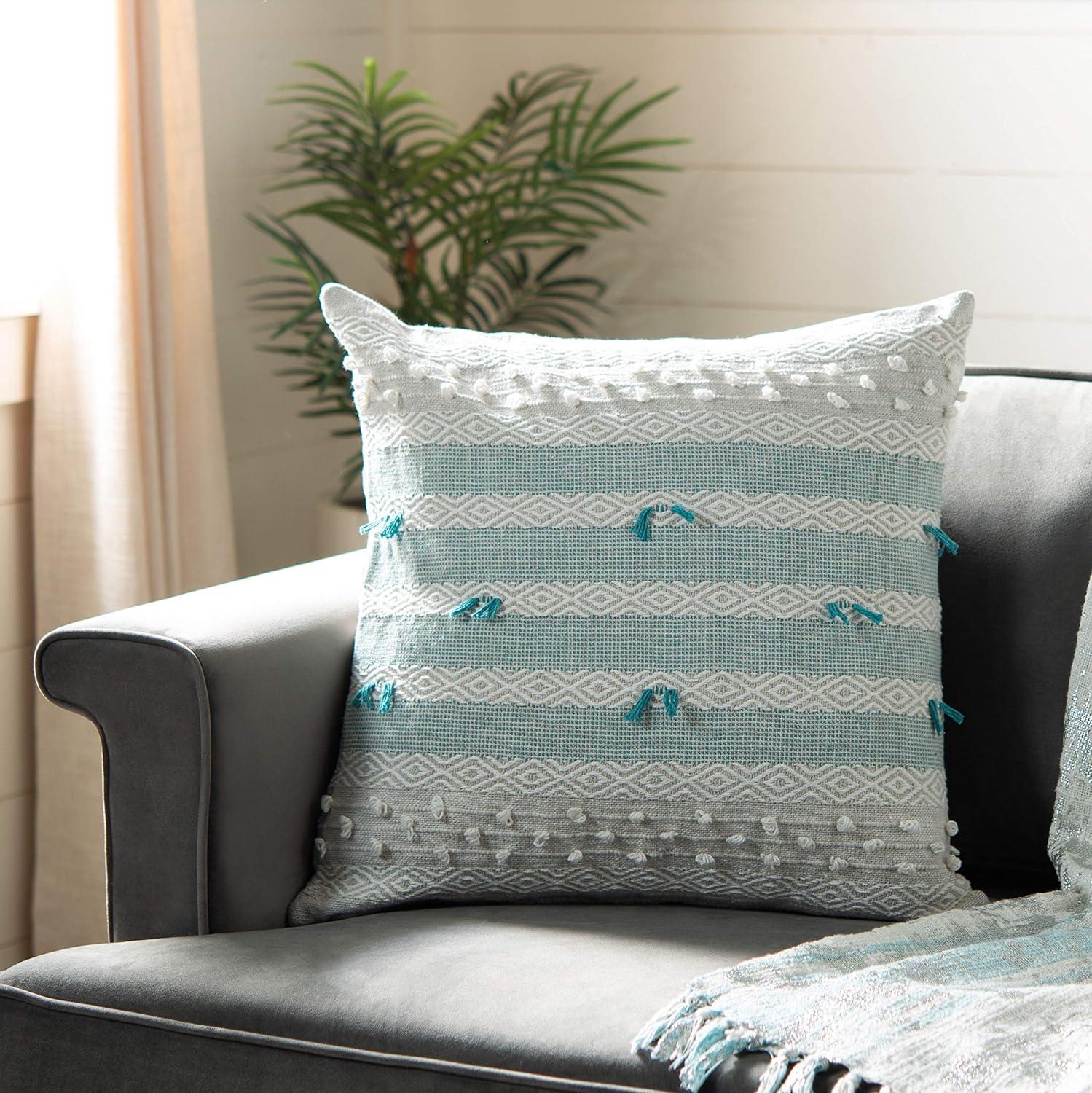 Beige and Teal Cotton Chevron Striped Throw Pillow