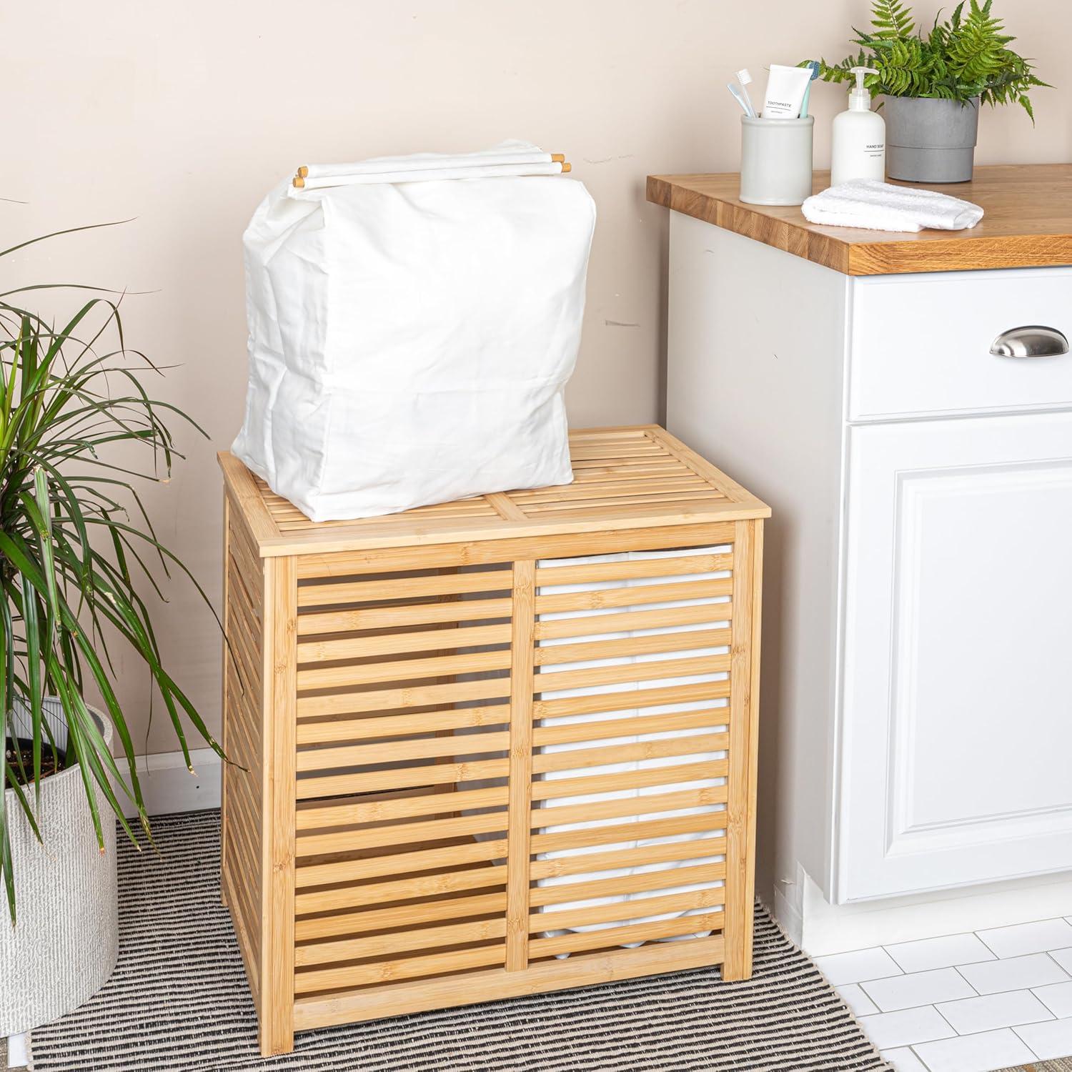 Natural Bamboo and Cotton Double Laundry Sorter with Lid