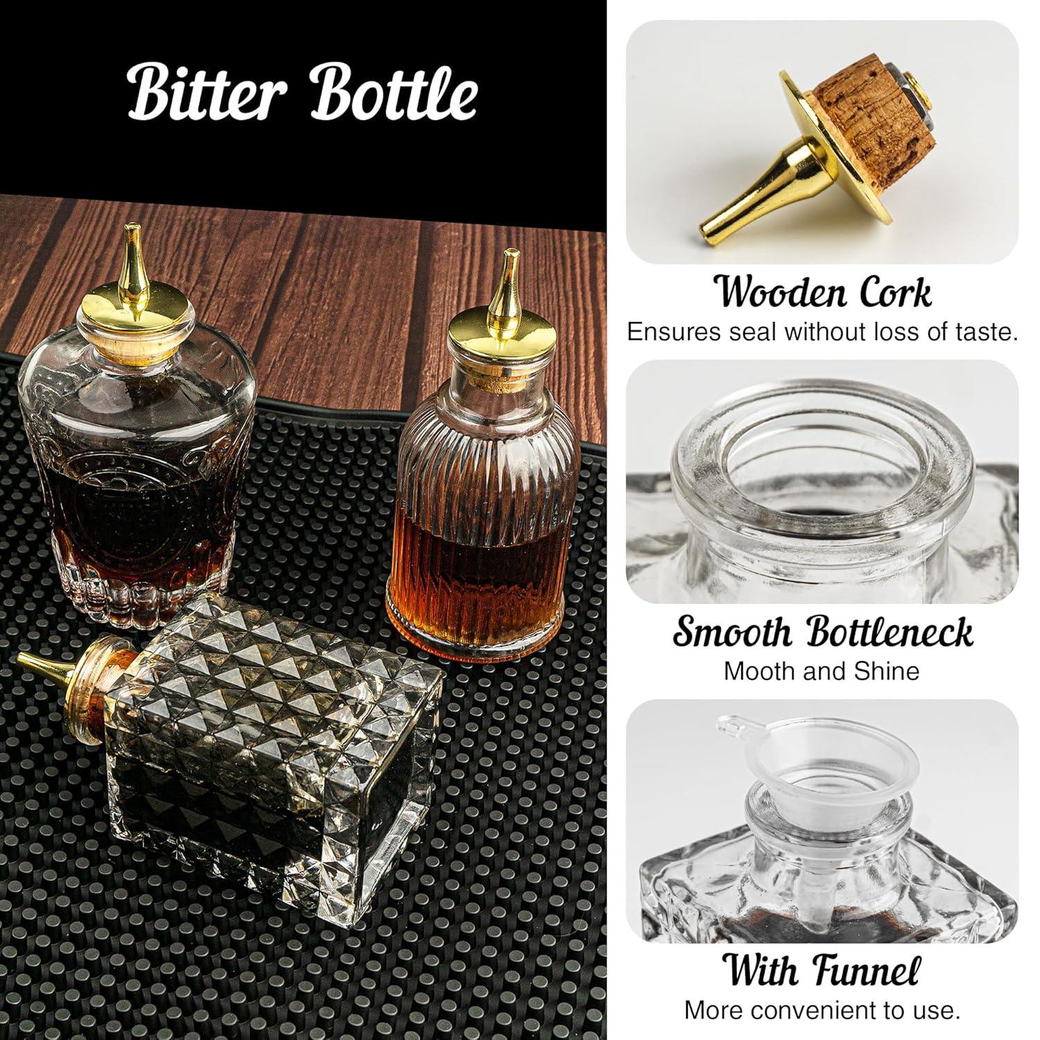 LINALL Bitters Bottle Set - Glass Vintage Bottle, Decorative Bottles with Dash Top, Dasher Bottles for Making Cocktail Great For Bartender Home Bar (3 pack)