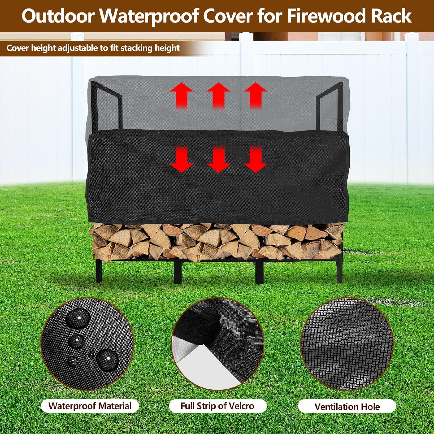 4ft Black Steel Firewood Rack with Weather-Resistant Cover