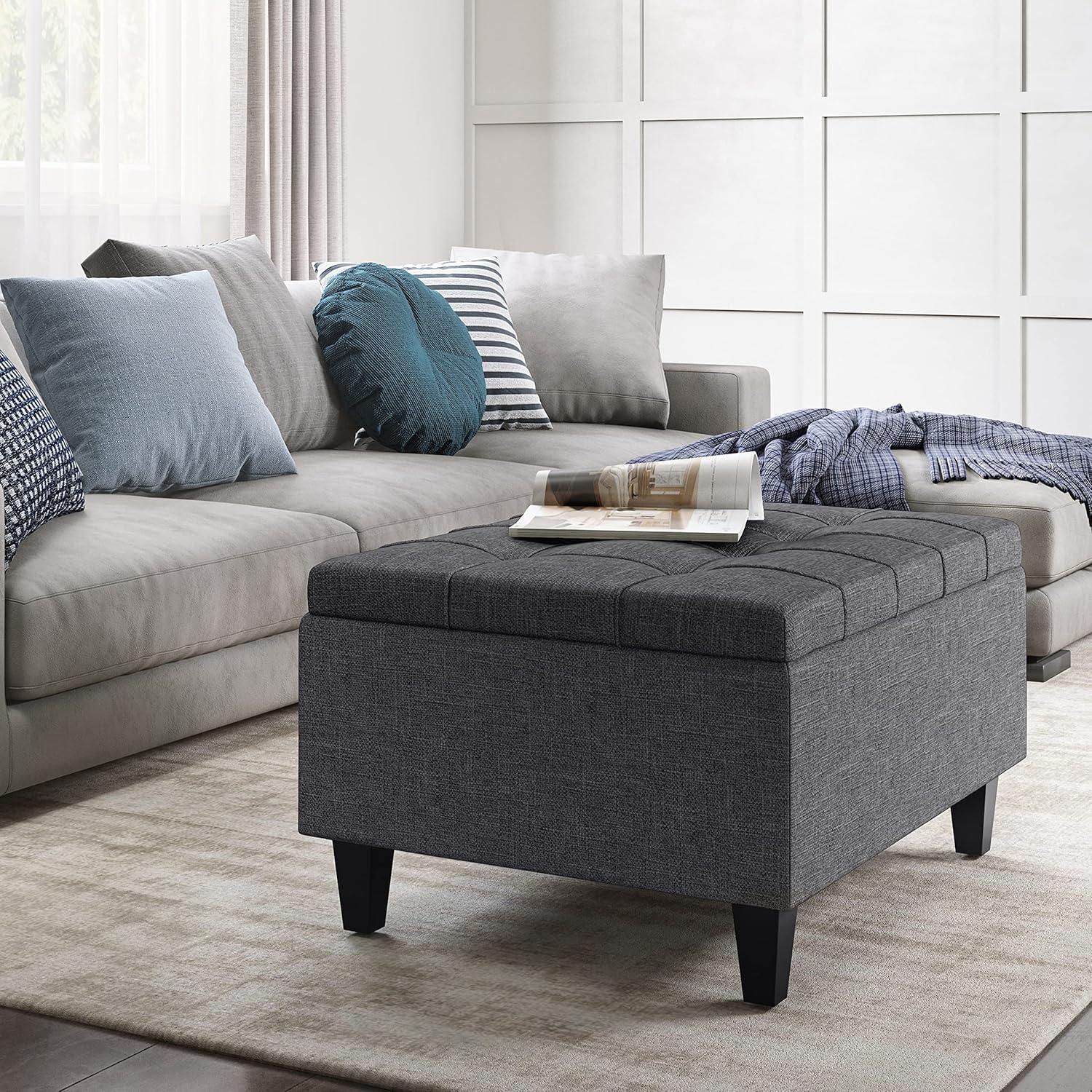 Simpli Home Harrison Small Coffee Table Storage Ottoman in Slate Grey Linen Look