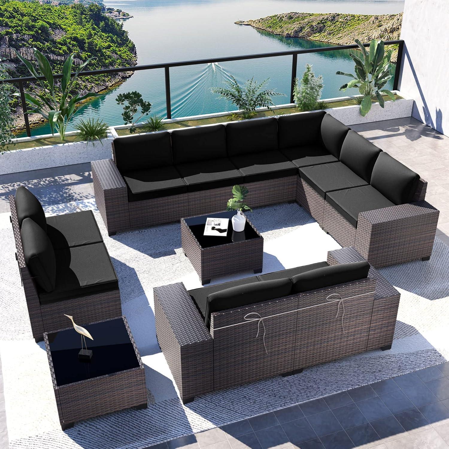 Kullavik 12PCS Outdoor Patio Furniture Set PE Wicker Rattan Sectional Sofa Patio Conversation Sets,Navy Blue