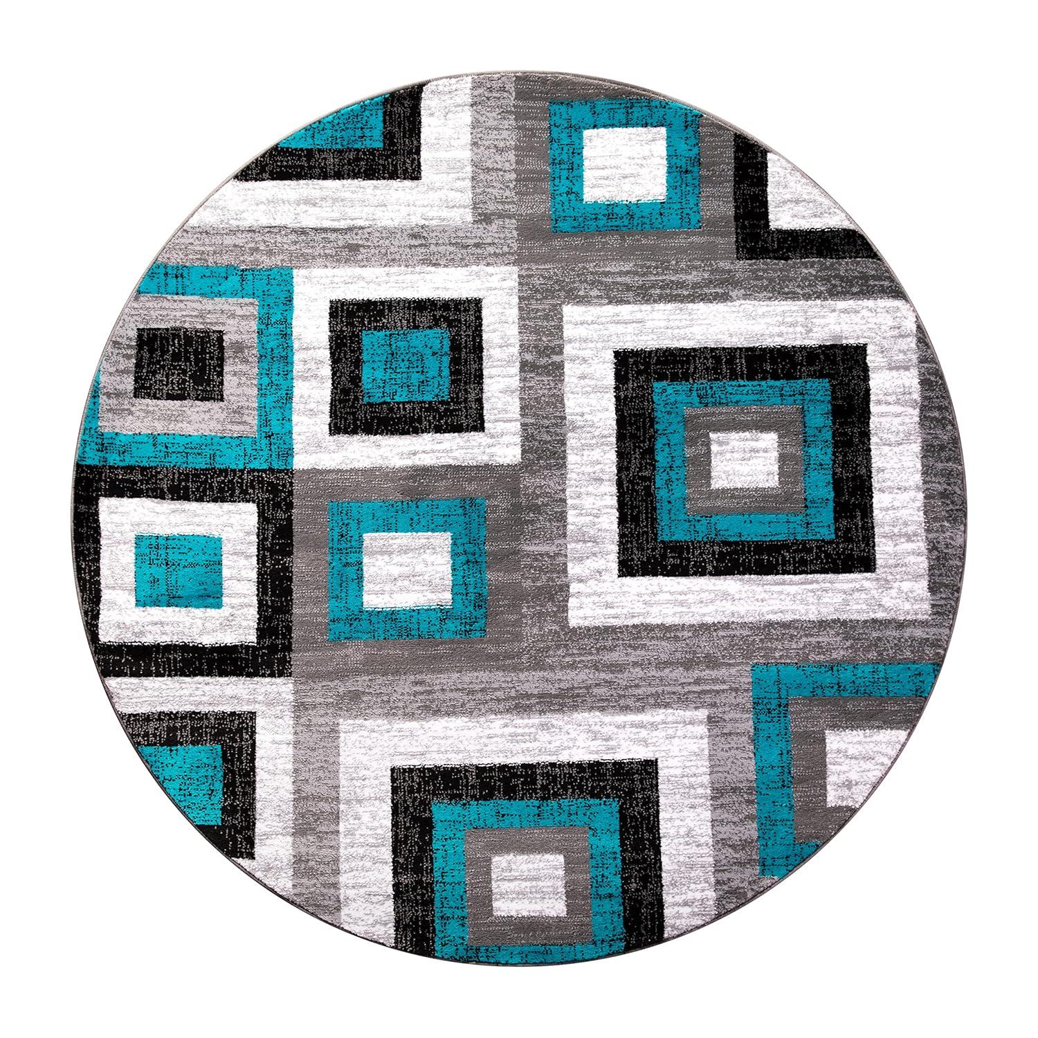 Gideon Collection Geometric 8' x 8' Turquoise, Grey, and White Round Olefin Area Rug with Cotton Backing, Living Room, Bedroom
