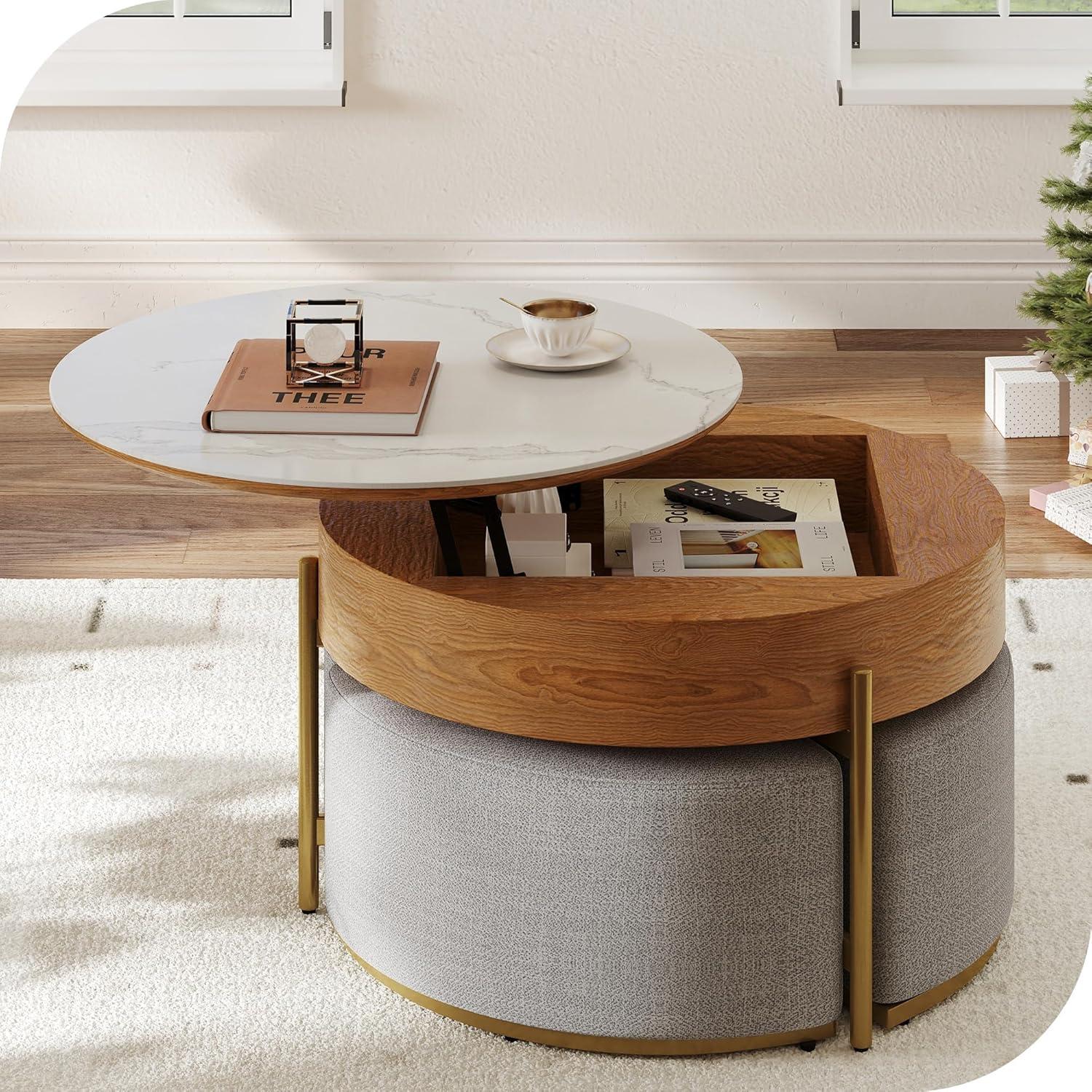 Round White and Wood Lift Top Coffee Table with Storage and Stools