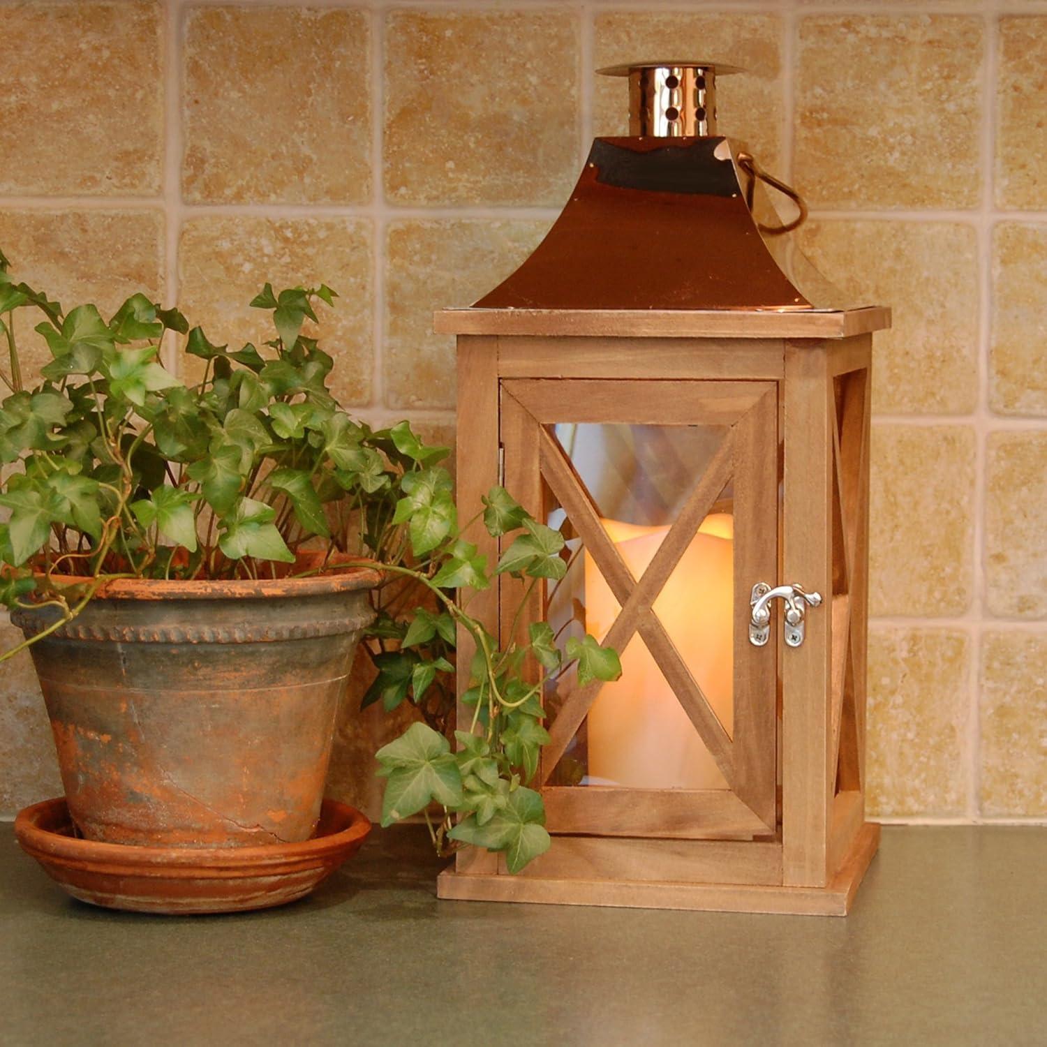 Natural with Copper Roof Wooden Lantern with Battery Operated Candle