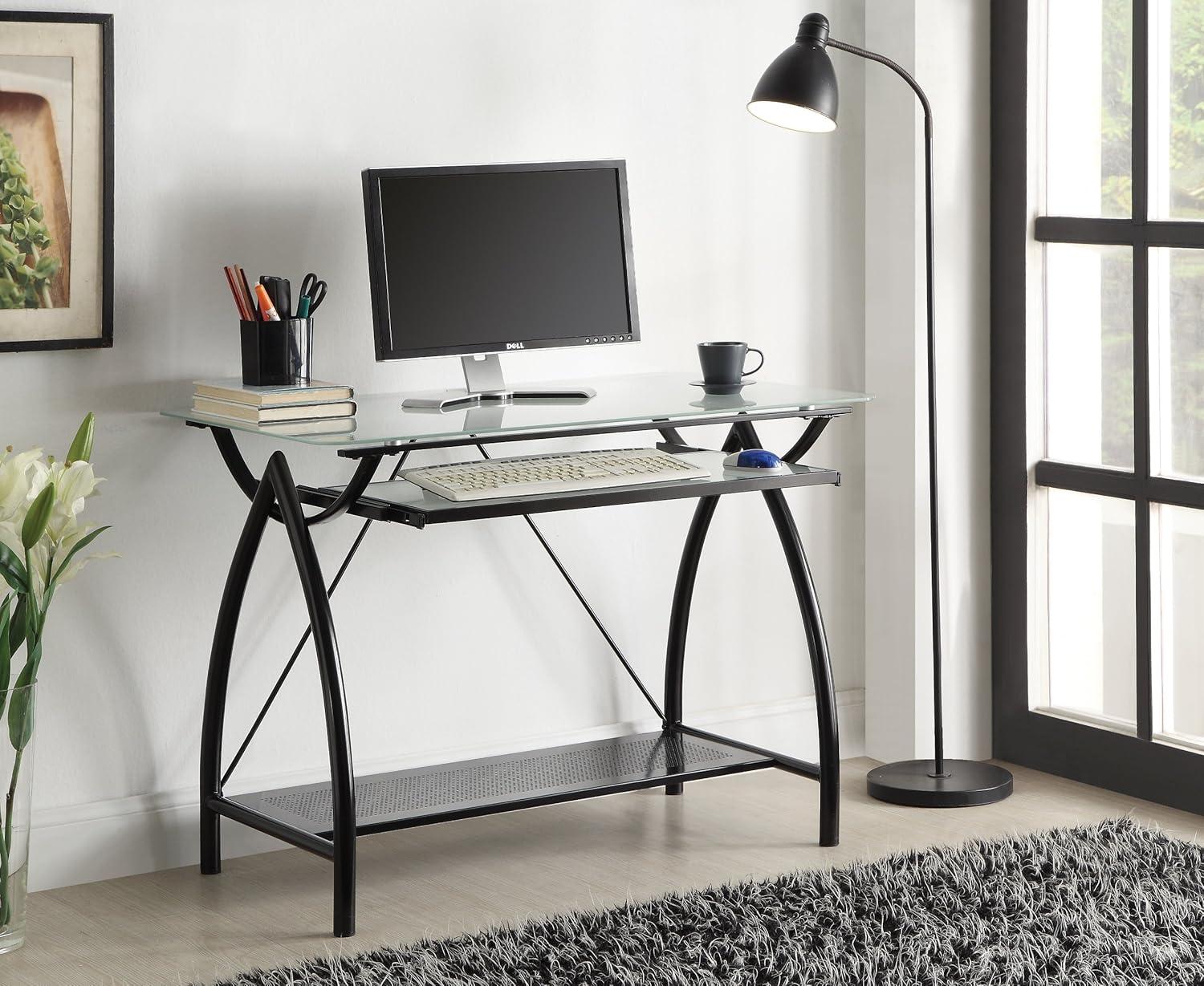 Black Steel and Glass Workstation with Keyboard Tray