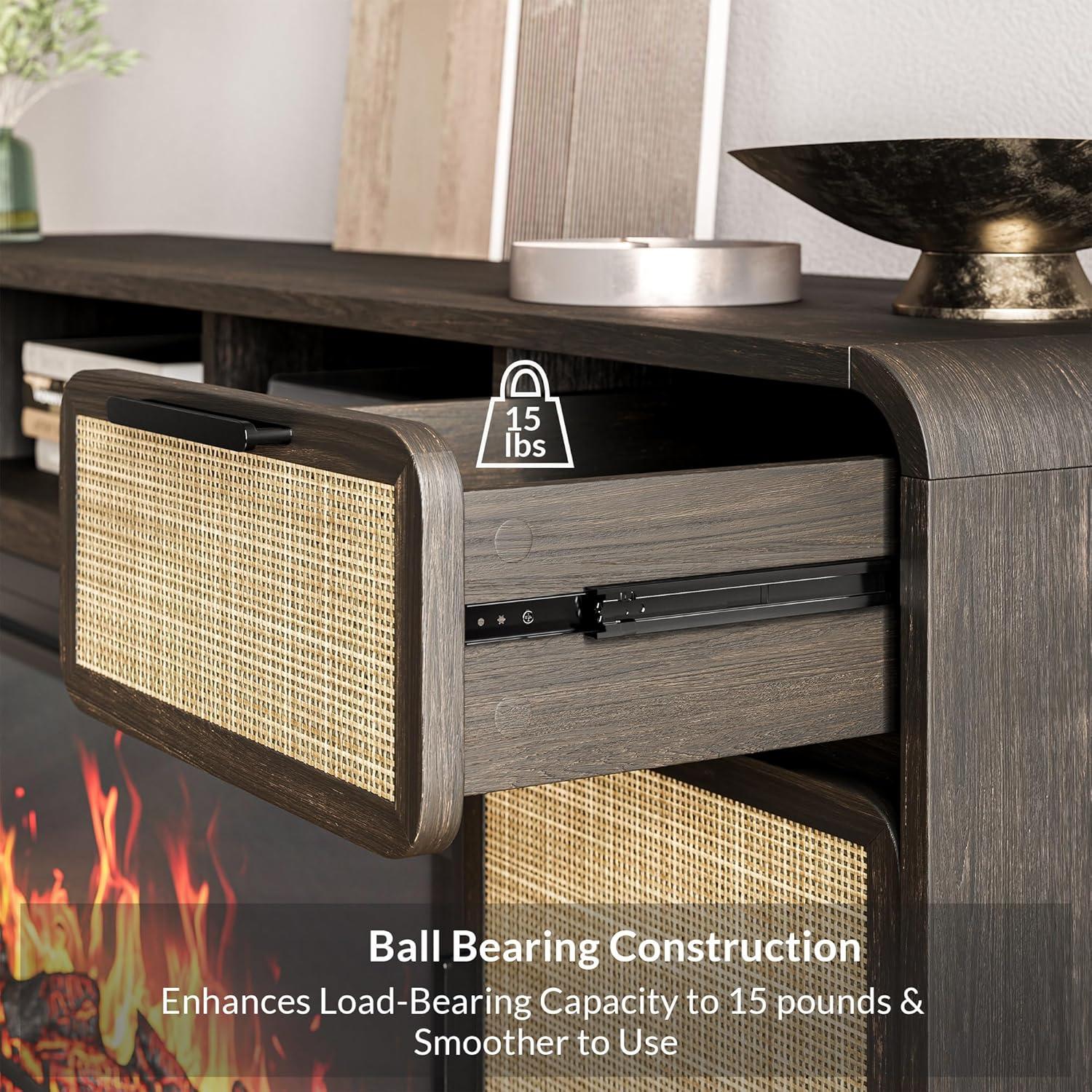 BELLEZE 68" TV Stand for TV Up to 75", Entertainment Center with 36" Electric Fireplace Heater, Rattan Decorated Console Table Storage Cabinet for Living Room, Bedroom - Bower(Brown)