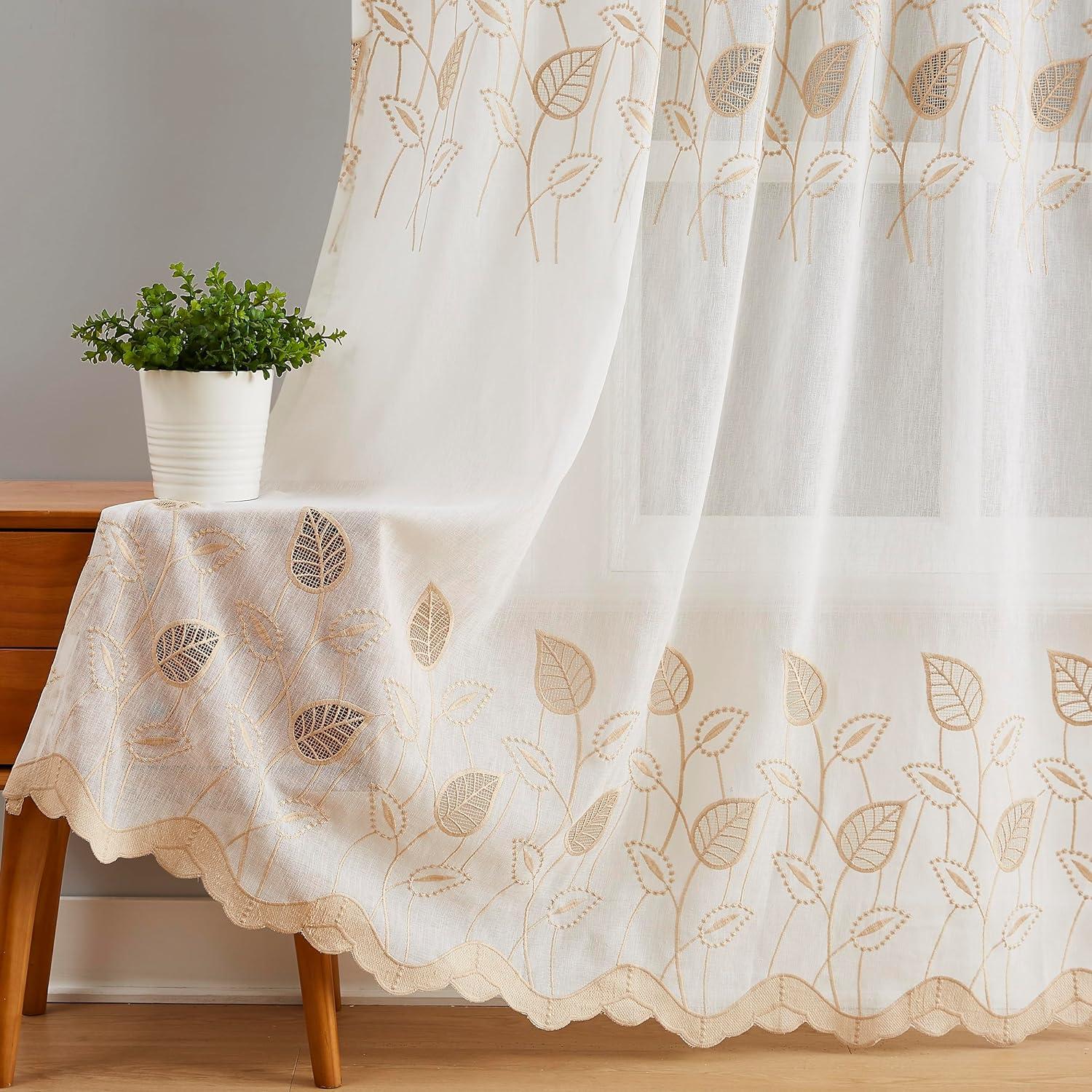 Gold Leaf Embroidered Linen Sheer Valance Curtains