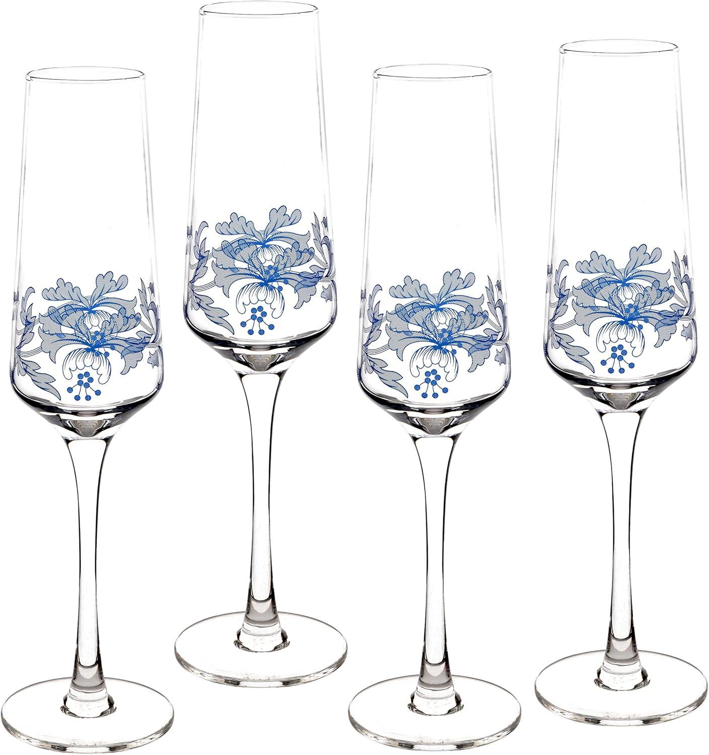 Blue Italian 8 oz Glass Champagne Flutes, Set of 4