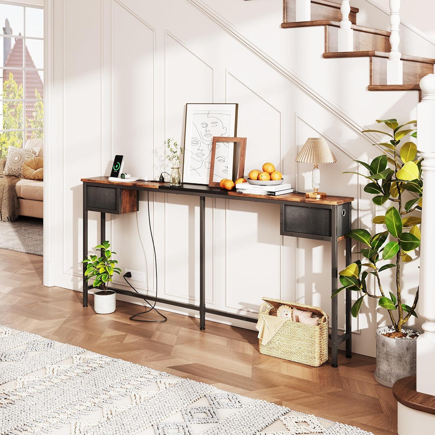 Rustic Brown and Black Console Table with Storage and Charging Ports