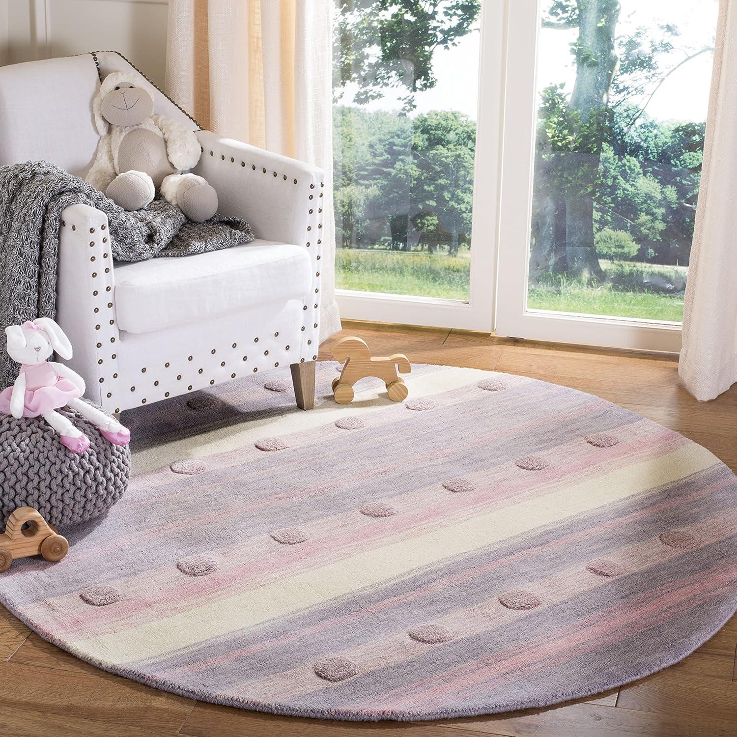 Safavieh Kids 5' Round Hand Loomed Wool Rug in Light Purple and Ivory