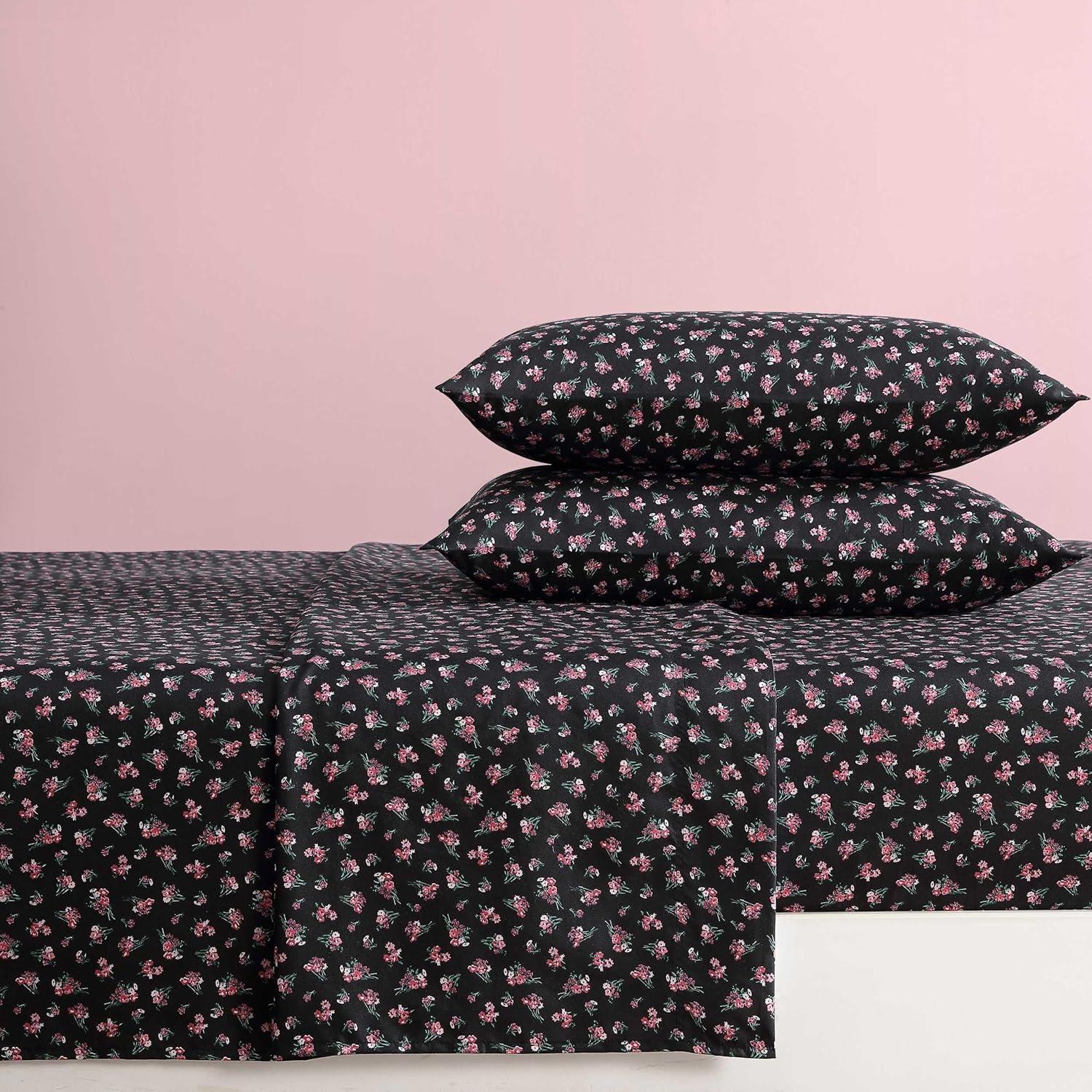 Full Black Floral Microfiber Sheet Set