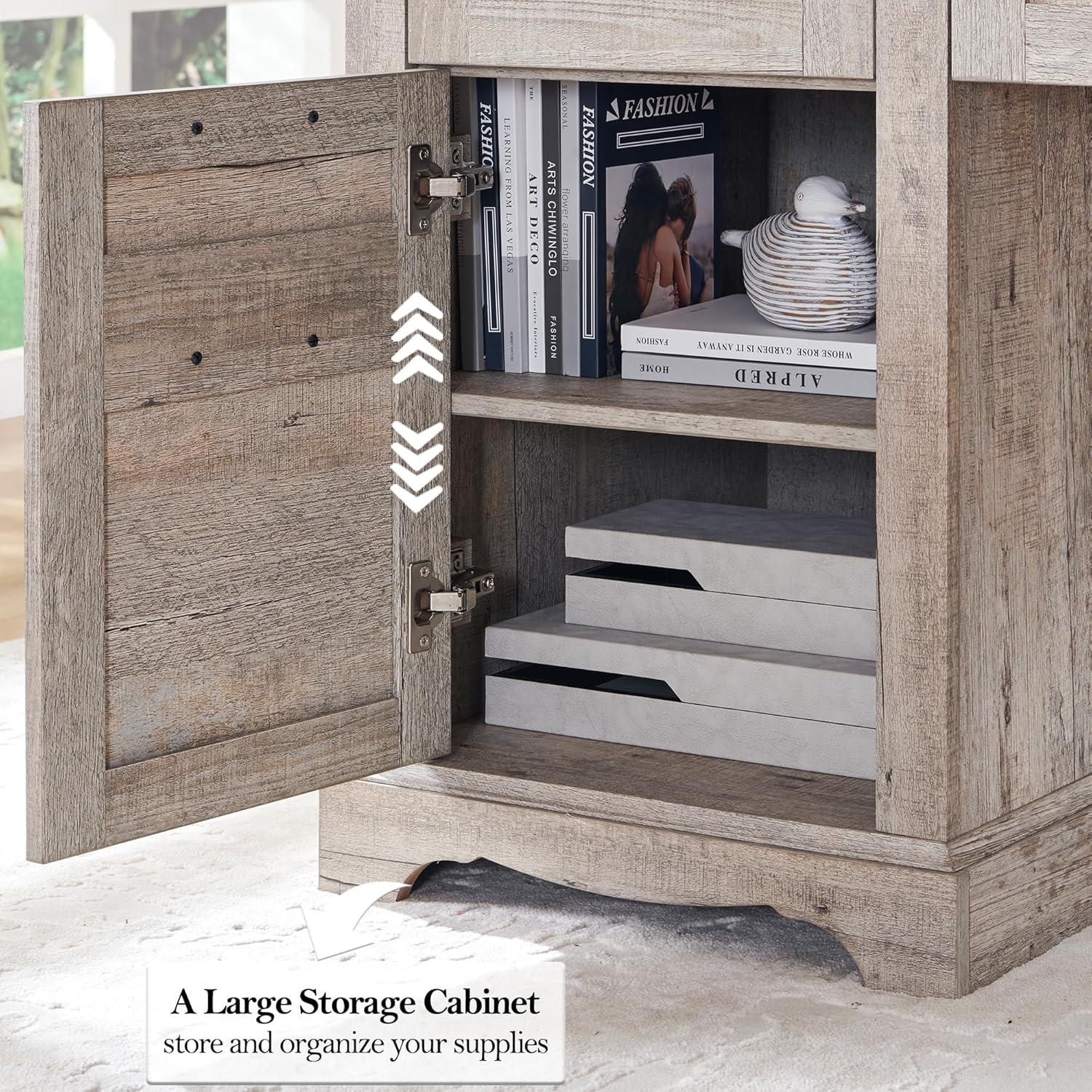 RedLemon 60" Farmhouse L Shaped Desk with Drawers, Wood Home Office Corner Executive Desk with Charging Station, File Drawer, Storage Cabinet, Rustic Computer Writing Desk (Light Rustic Oak)