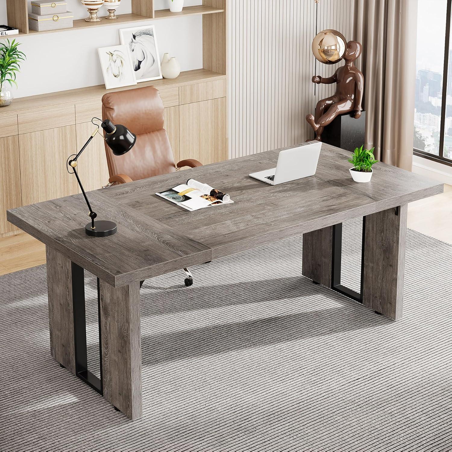 Gray 70.9" Modern Executive Computer Desk with Metal Legs