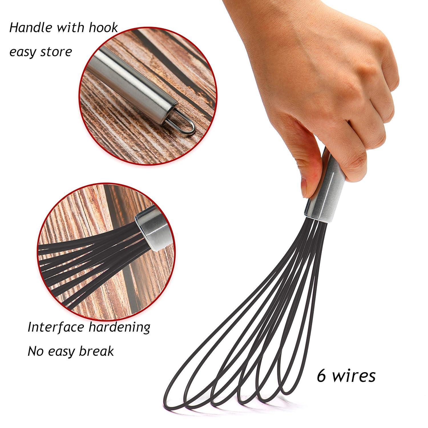 Flat Whisks Stainless Steel,3 Pack 10''+11''+12'' Set Premium Sturdy-6 Silicone Heads Non Stick Wires Whisk for Blending Beating Stirring Kitchen Cooking Color Grey