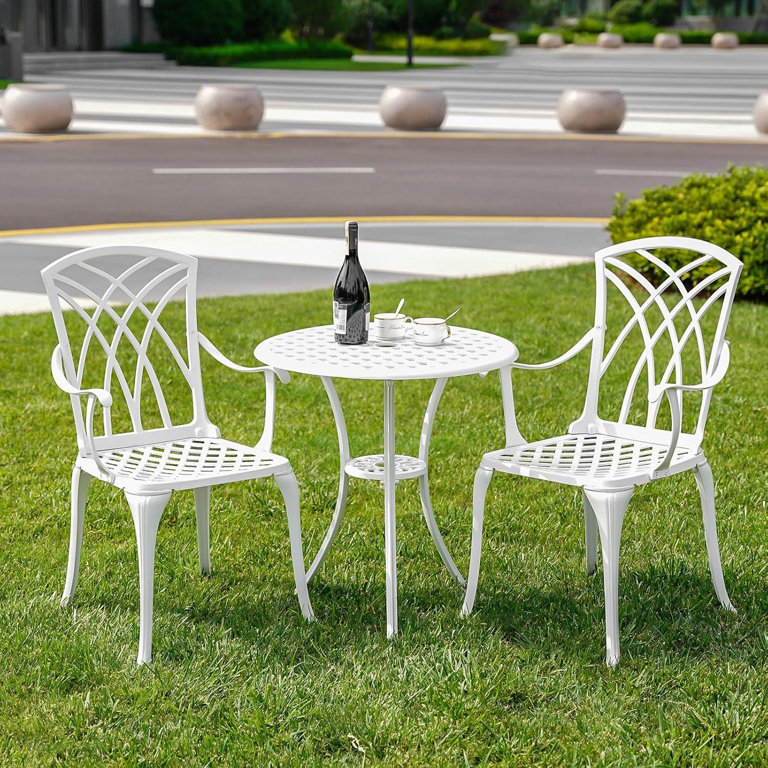 World Menagerie 3 Piece Patio Bistro Set Cast Aluminum Bistro Table And Chairs Set Of 2 With Umbrella Hole,All Weather Metal Bistro Table Set,Outdoor Patio Furniture Set For Garden