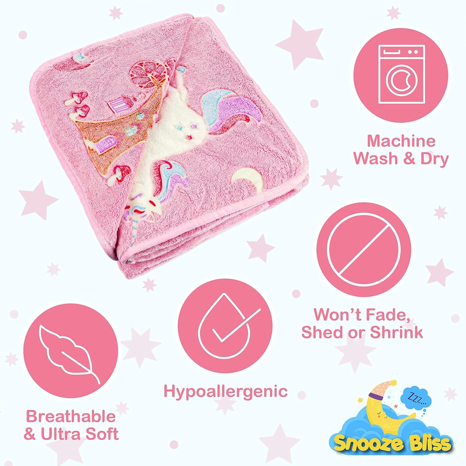 Glow in The Dark Unicorn Blanket for Girls – Soft Pink Fleece Throw. Great Christmas, Birthday, Baby, Toddler Unicorn Gifts! Premium Fuzzy Blanket with Fairy, Butterfly, Stars. Bright Long-Last Glow