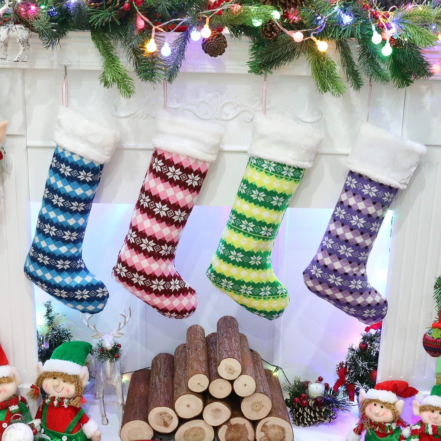 Colorful Knitted Christmas Stockings with Furry White Edge, 20''