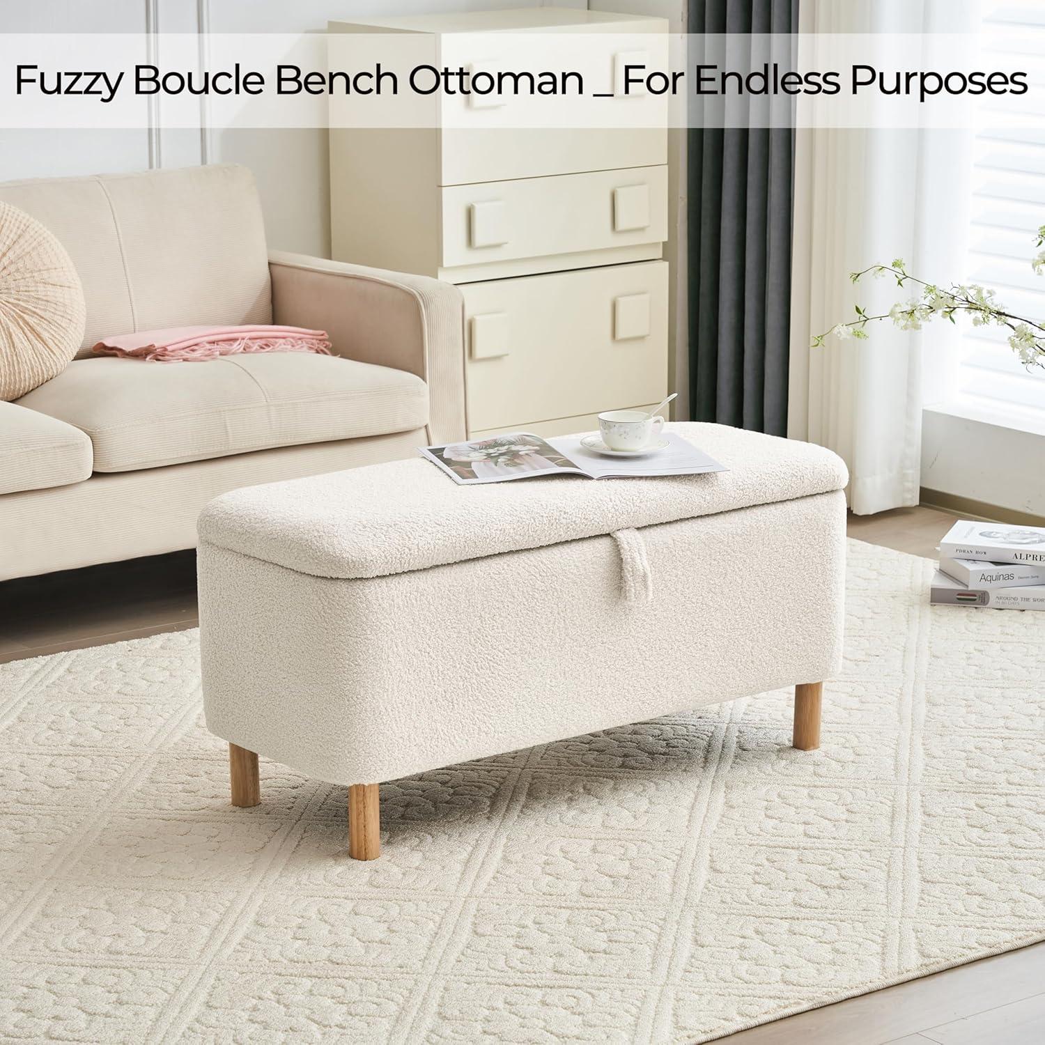 Storage Ottoman Bench with 250lb Seating, 39.5" Boucle Upholstered Entryway Bench with Wood Legs and Safety Hinge, Flip Top Foot Rest Long Stool for Sofa Couch Bedroom End of Bed, White