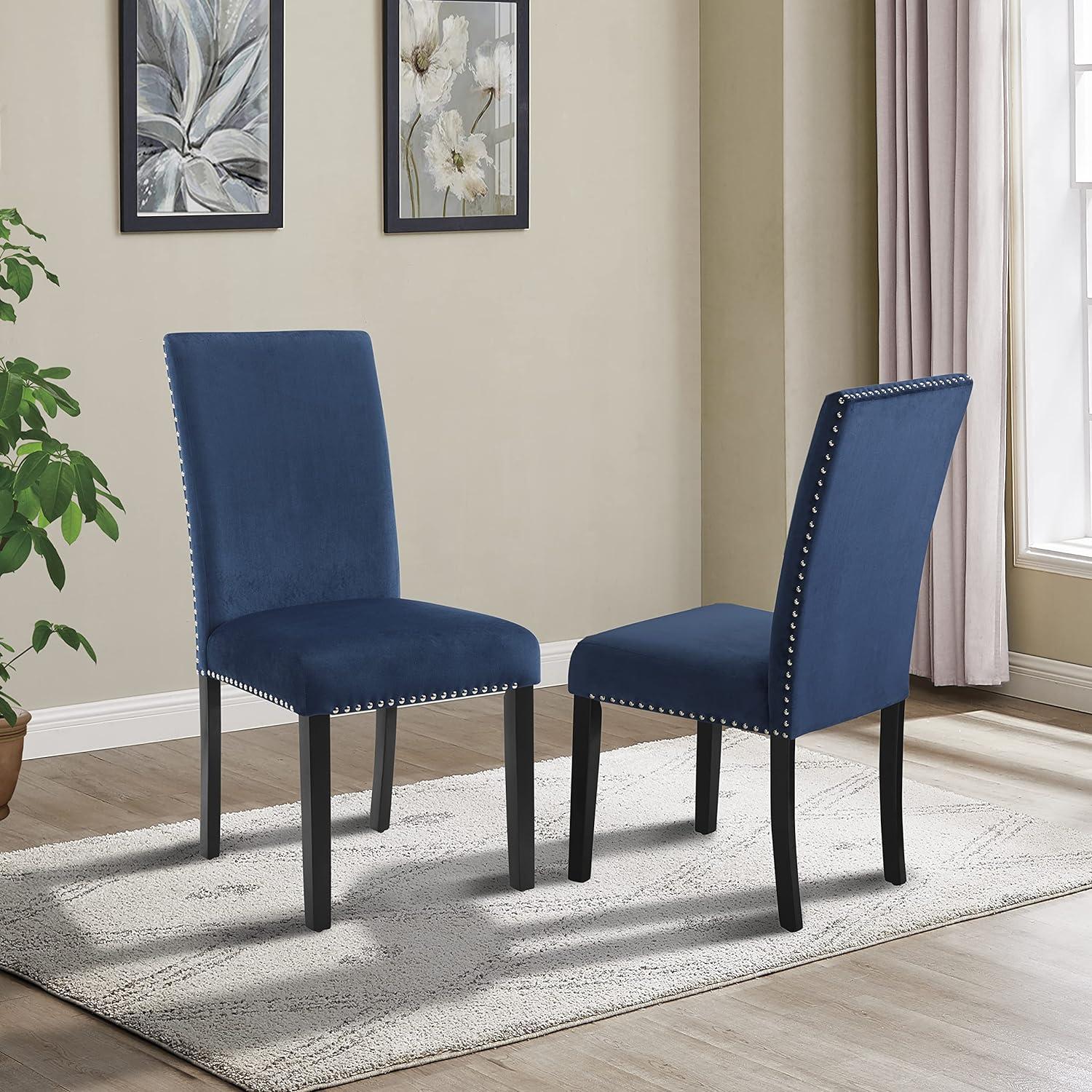 Elegant Blue Velvet Parsons Side Chair with Chrome Nailhead Trim