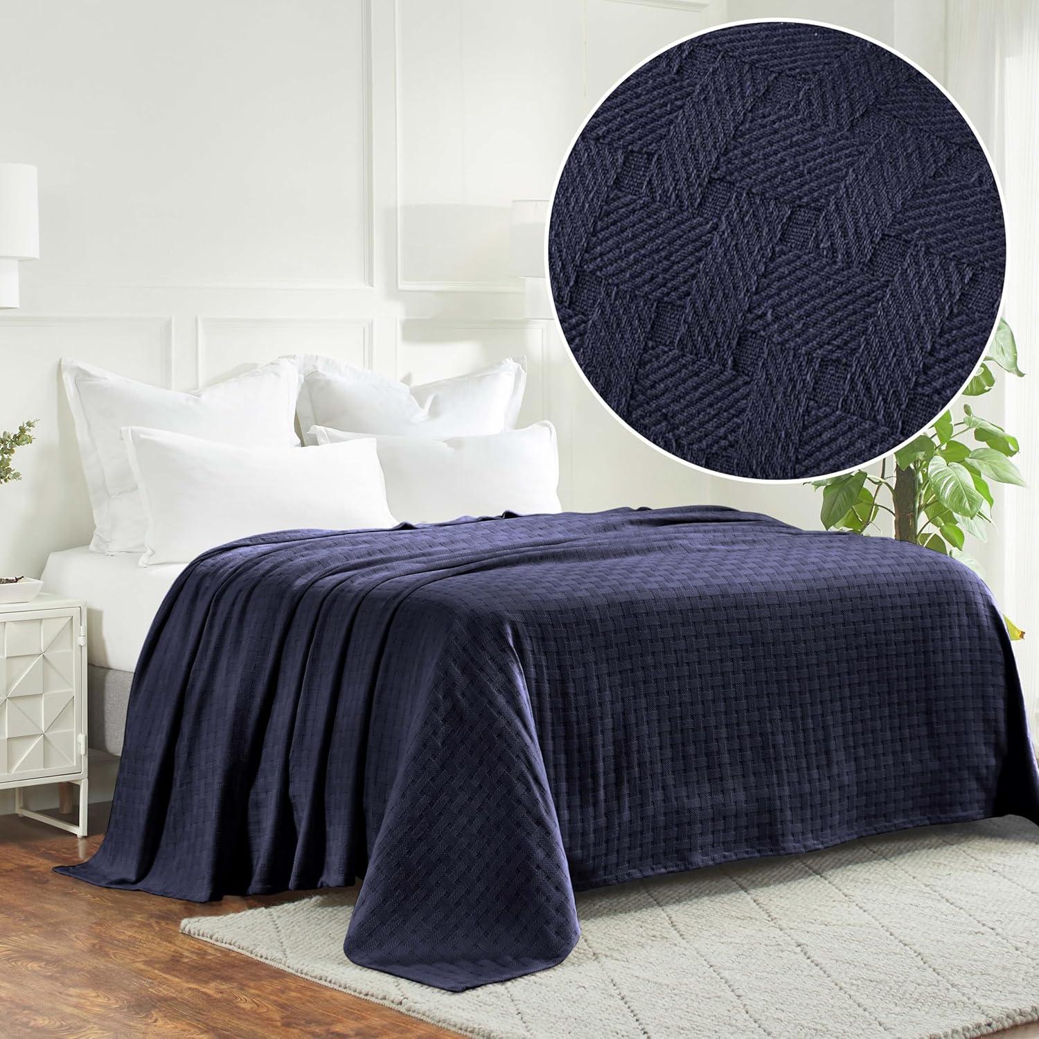 Superior Basketweave All-Season Cotton Blanket, Non-Standard, Navy Blue