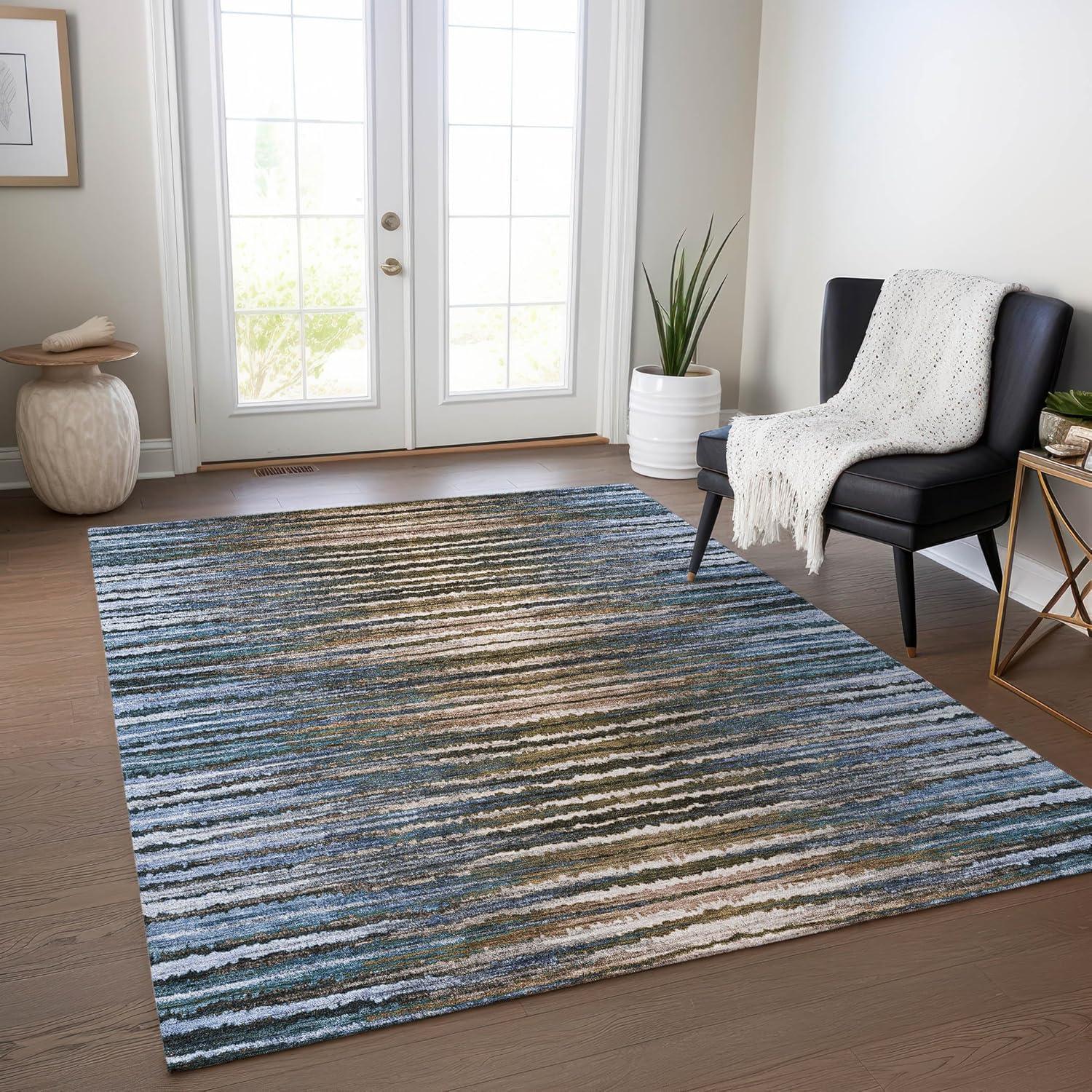 Blue and Beige Striped Synthetic Indoor Outdoor Rug 3' x 5'