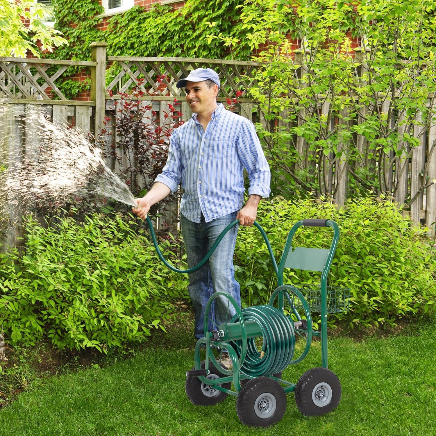 Heavy Duty Green Alloy Steel Garden Hose Reel Cart with Pneumatic Tires