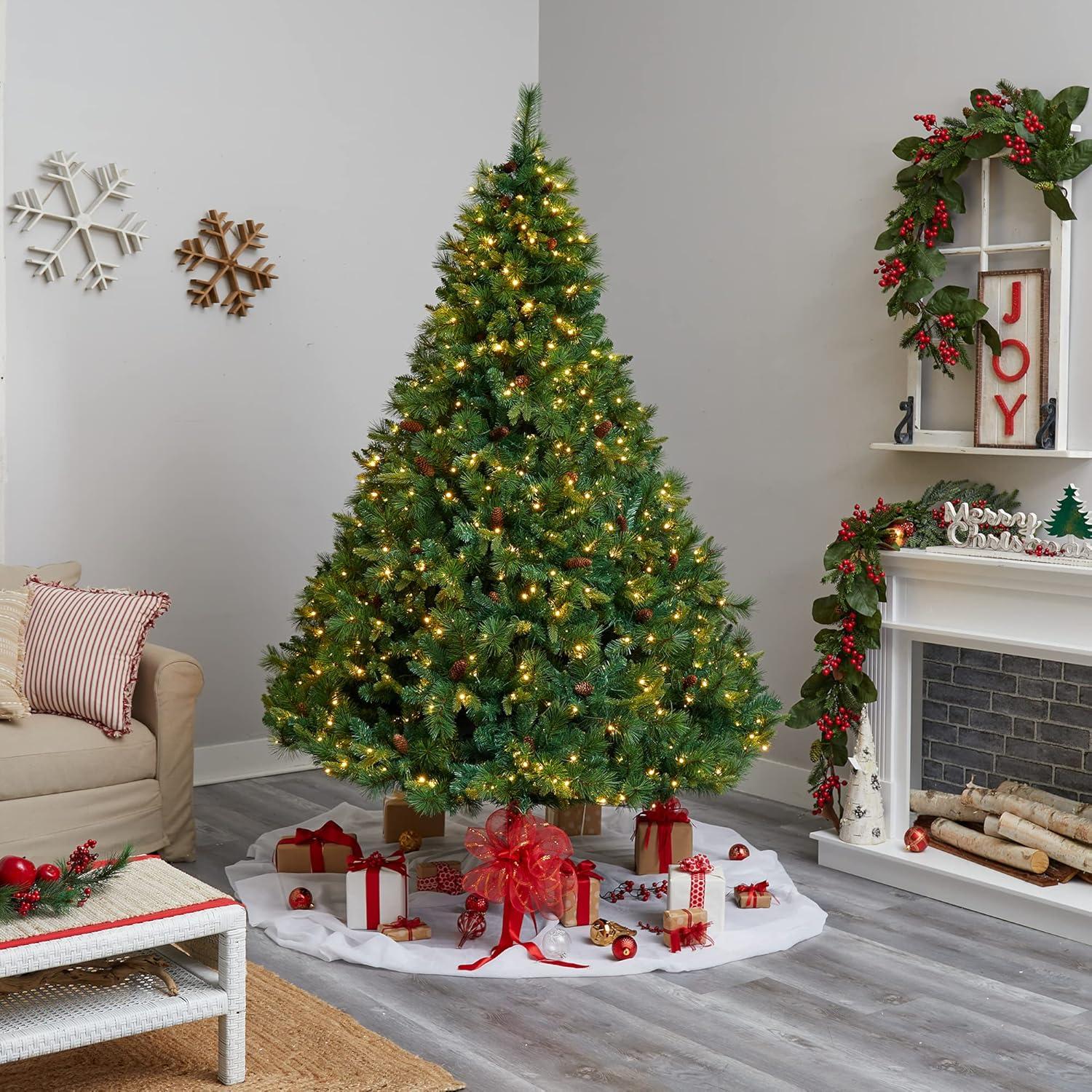 Nearly Natural 8’ West Virginia Full Bodied Mixed Pine Prelit LED Artificial Christmas Tree with Pine Cones