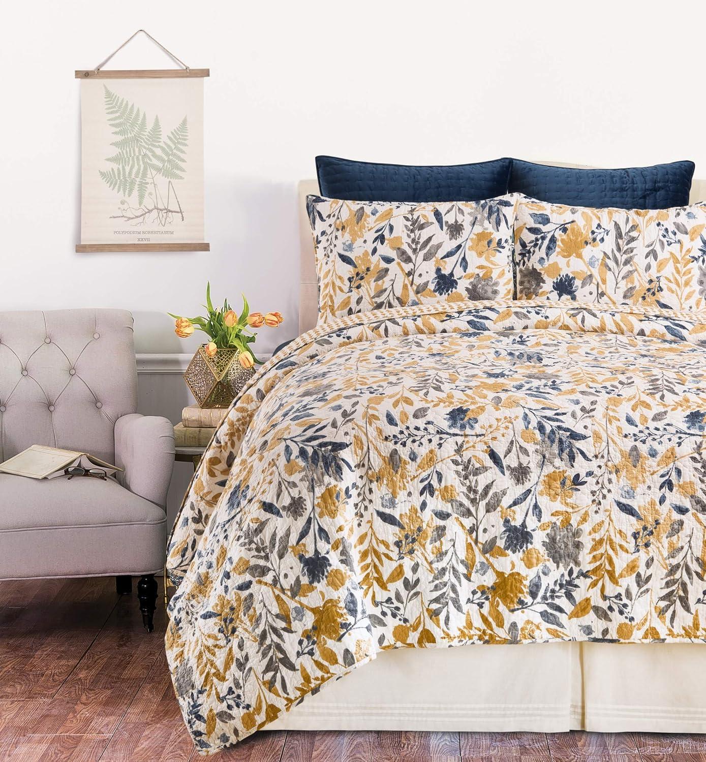 C&F Home Natural Home Blue/Yellow/Gray/White Cotton Reversible Quilt Set
