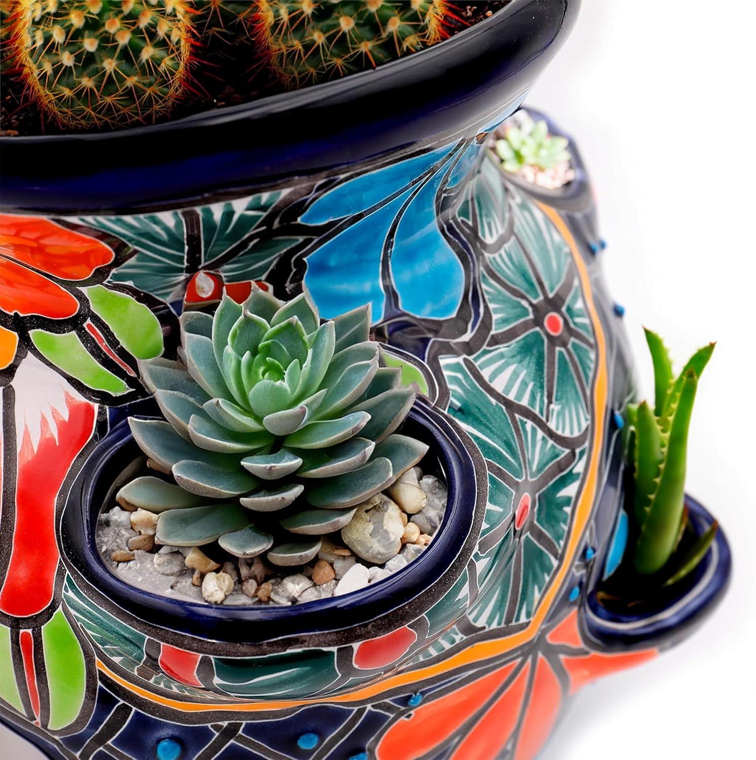 Talavera Sky Blue Ceramic Round Flower Planter with Drainage Holes