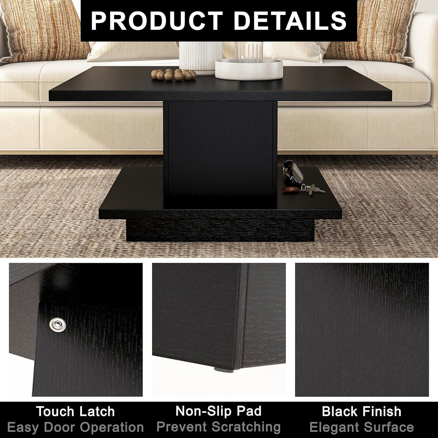 24/7 Shop at Home Lukas 31 inch Square Coffee Table with Hidden Storage and Base Shelf, Contemporary Furniture for Living Room, Home Office, Apartment, Small Space, Black