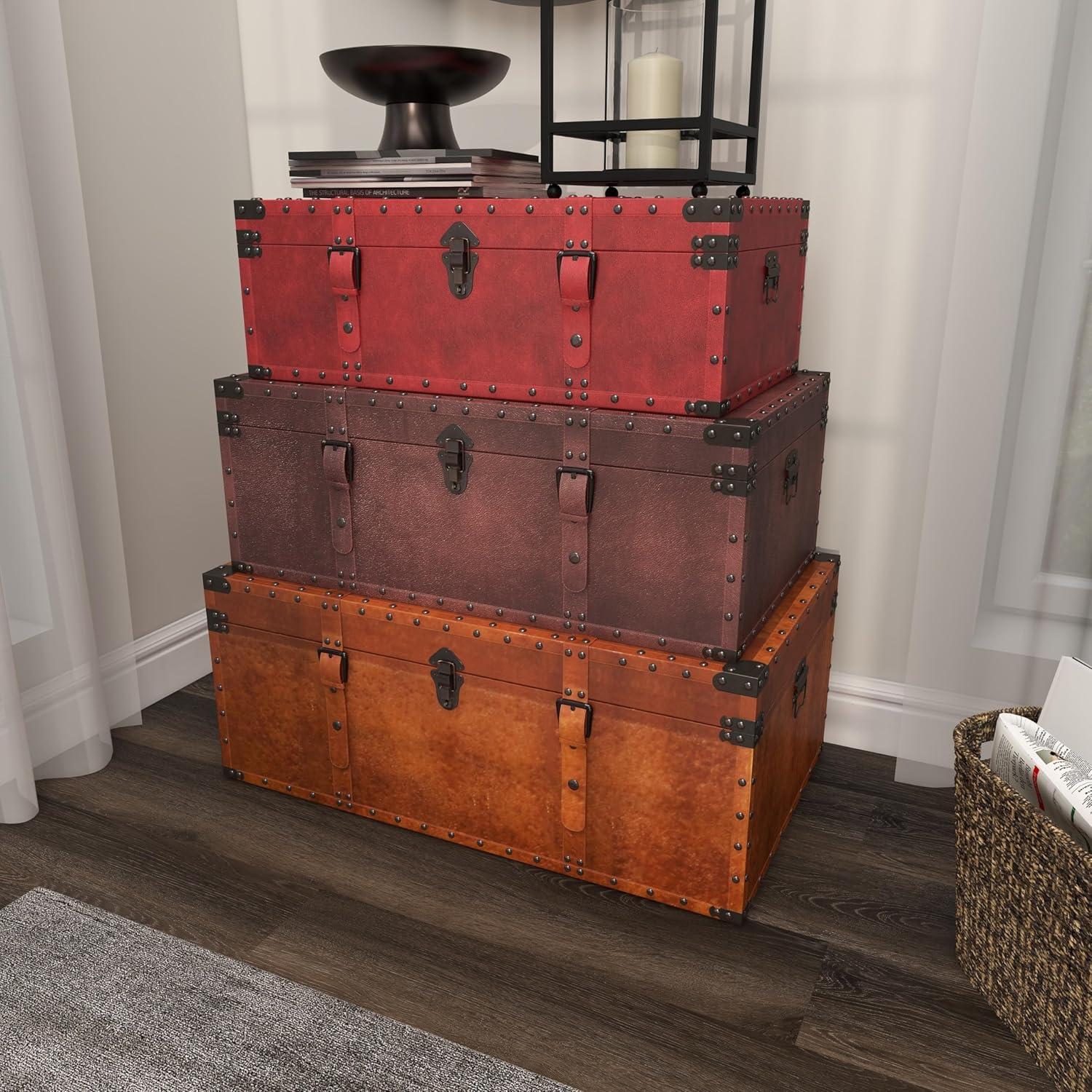 DecMode Rustic Wood Stacked Style Storage Trunk, Set of 3 32", 29", 26"W with Red, Taupe Brown, and Tan Finish