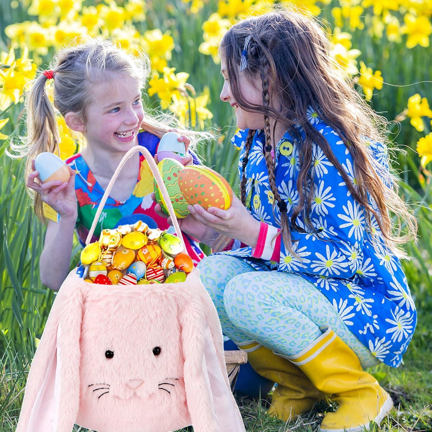 Easter Bunny Tote Bag, Cute Fuzzy Rabbit Ears Soft Plush Candy Handle Bag Eggs Basket Gift Bag for Kids Holiday Decorations