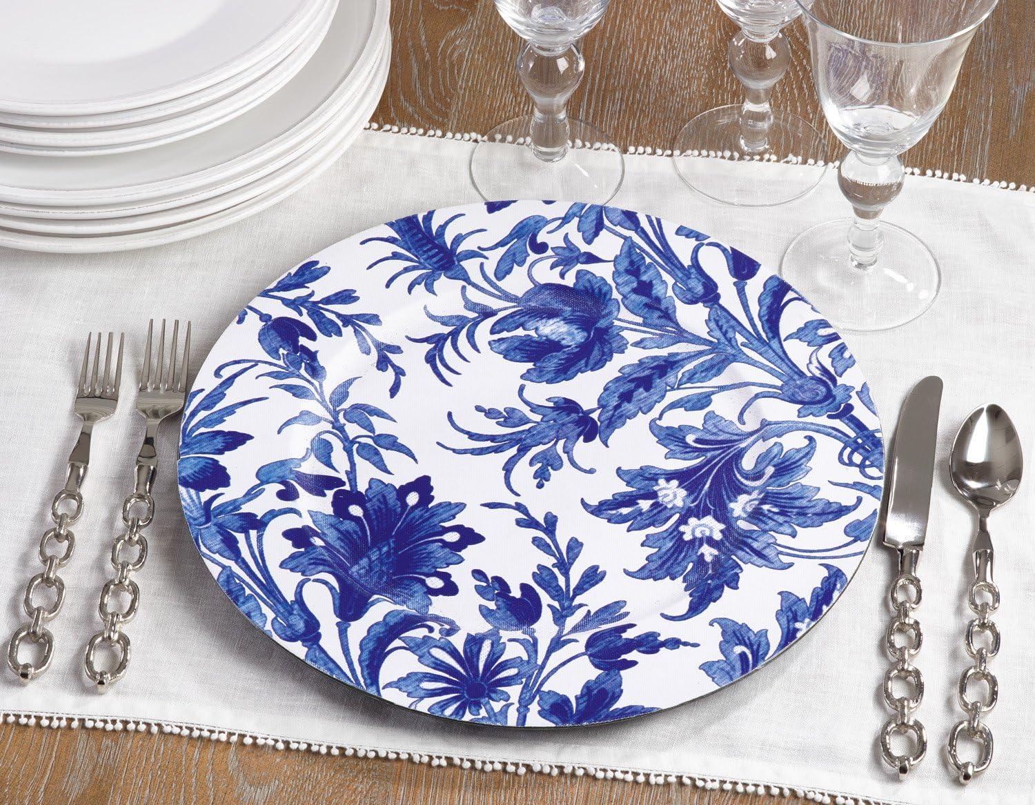 Blue and White Floral Print Plastic Charger Plates, Set of 4