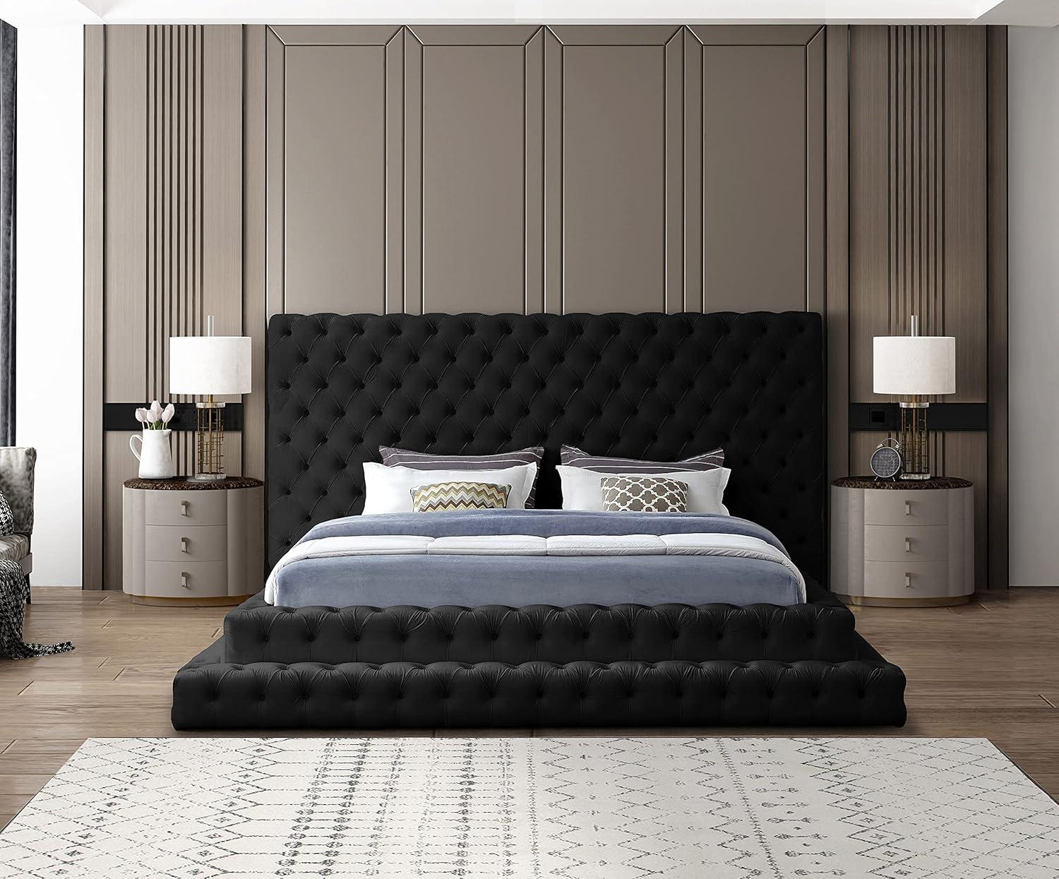 Meridian Furniture Revel Velvet Queen Bed with Deep Button Tufting and Extra-Tall Headboard, Black