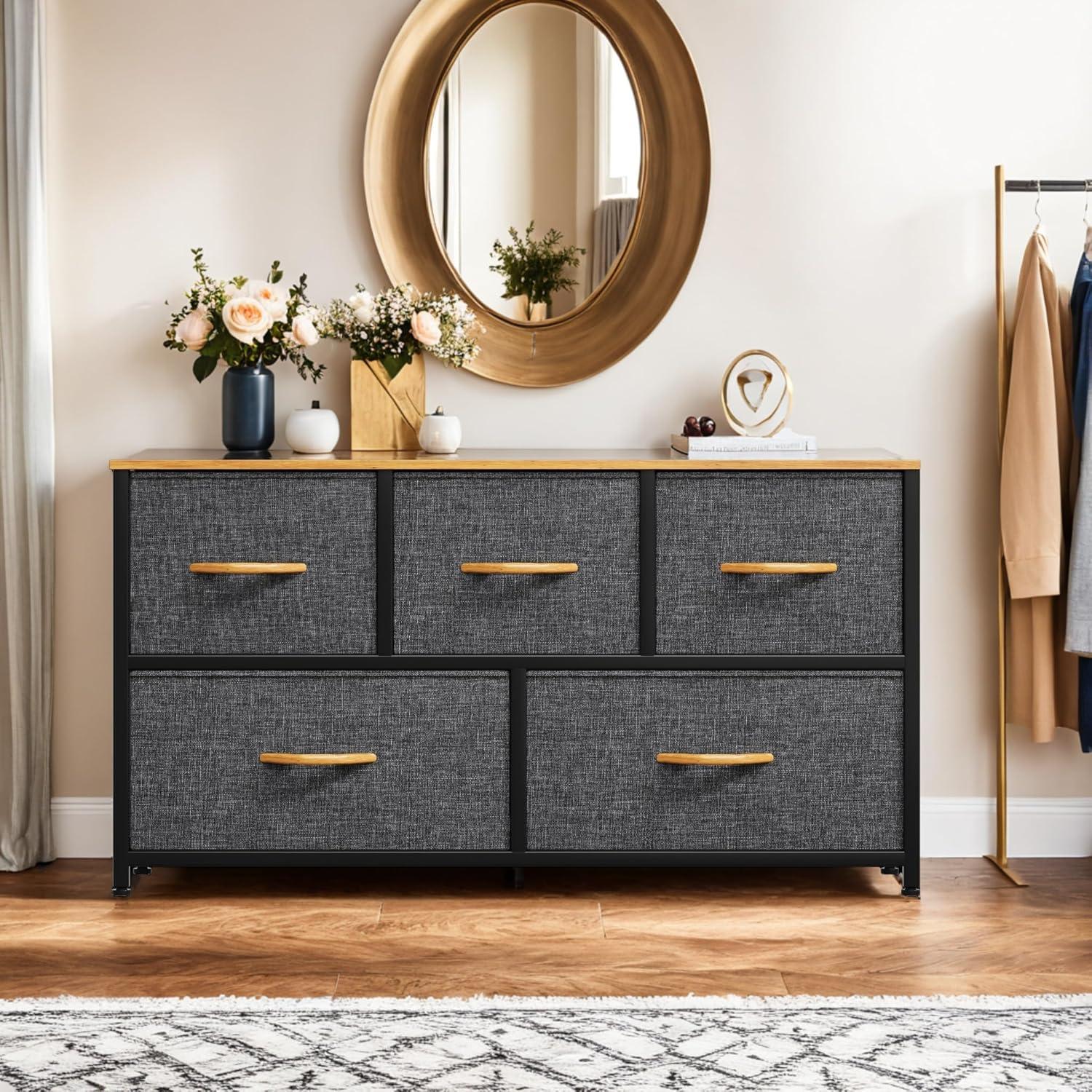 Cool Gray Fabric and Metal Nursery Dresser with Wooden Top
