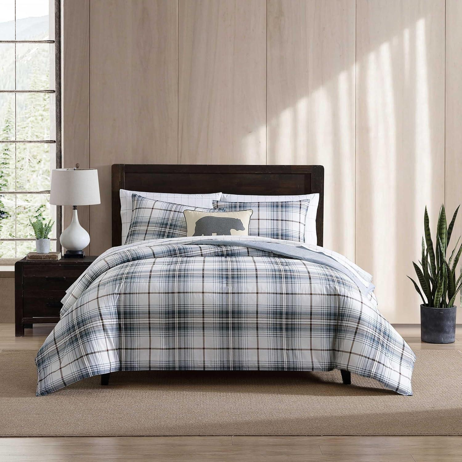 Alder Blue and Grey Plaid Cotton Twin Comforter Set