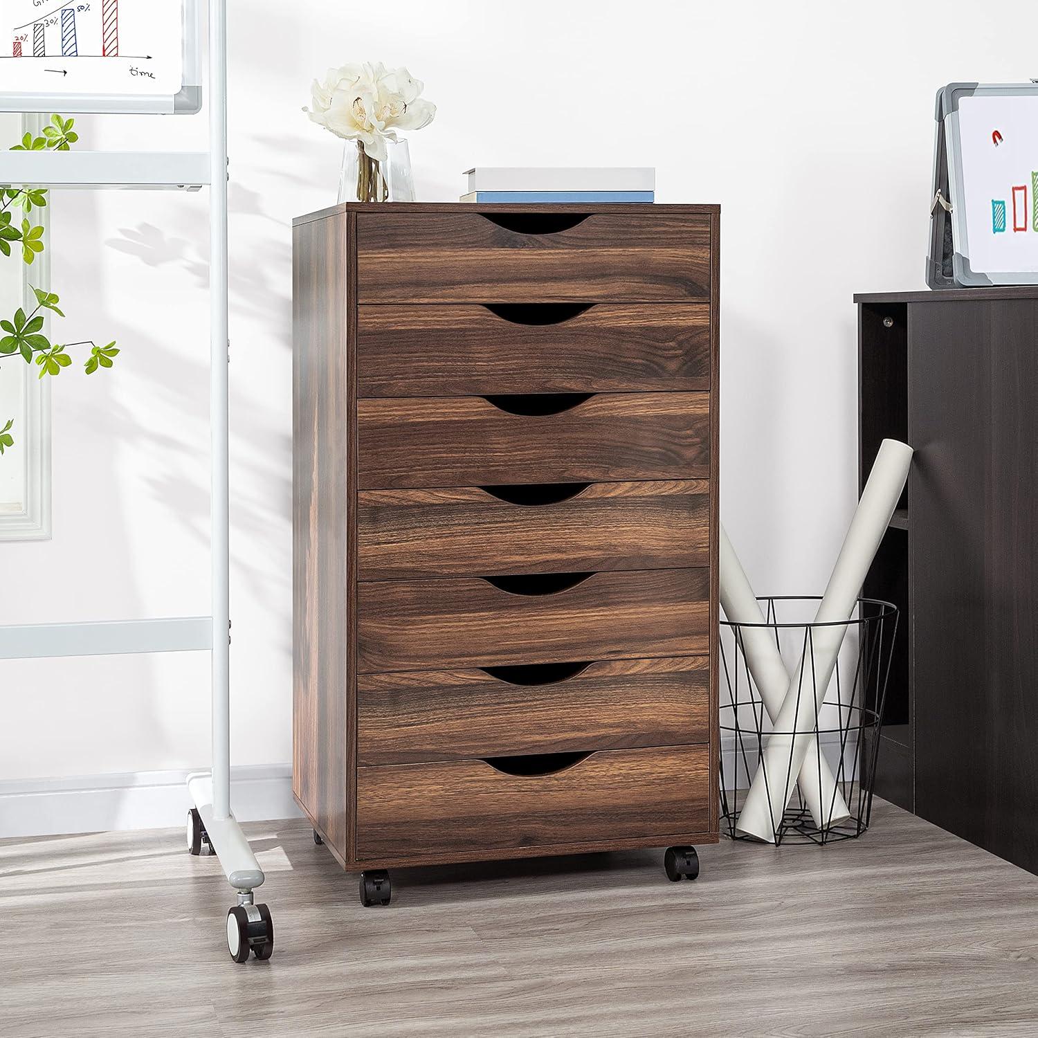 Drawer Dresser Storage Cabinet for Makeup Dresser Tall Chest of Drawers, Drawer Chest Makeup Cabinet with Wheels Wood Closet Storage Drawers for Bedroom by Naomi Home-Color:Brown Oak,Size:7 Drawer