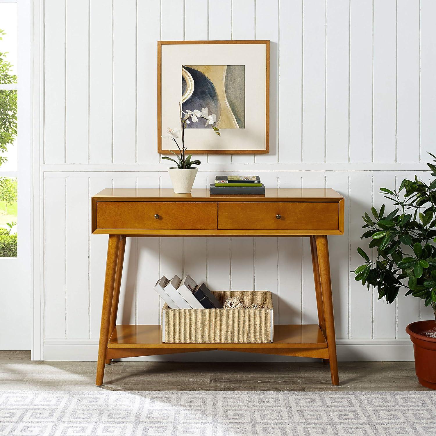 Crosley Landon Console Table Acorn: Mid-Century Modern Design, Hardwood with Open Shelf & Drawer