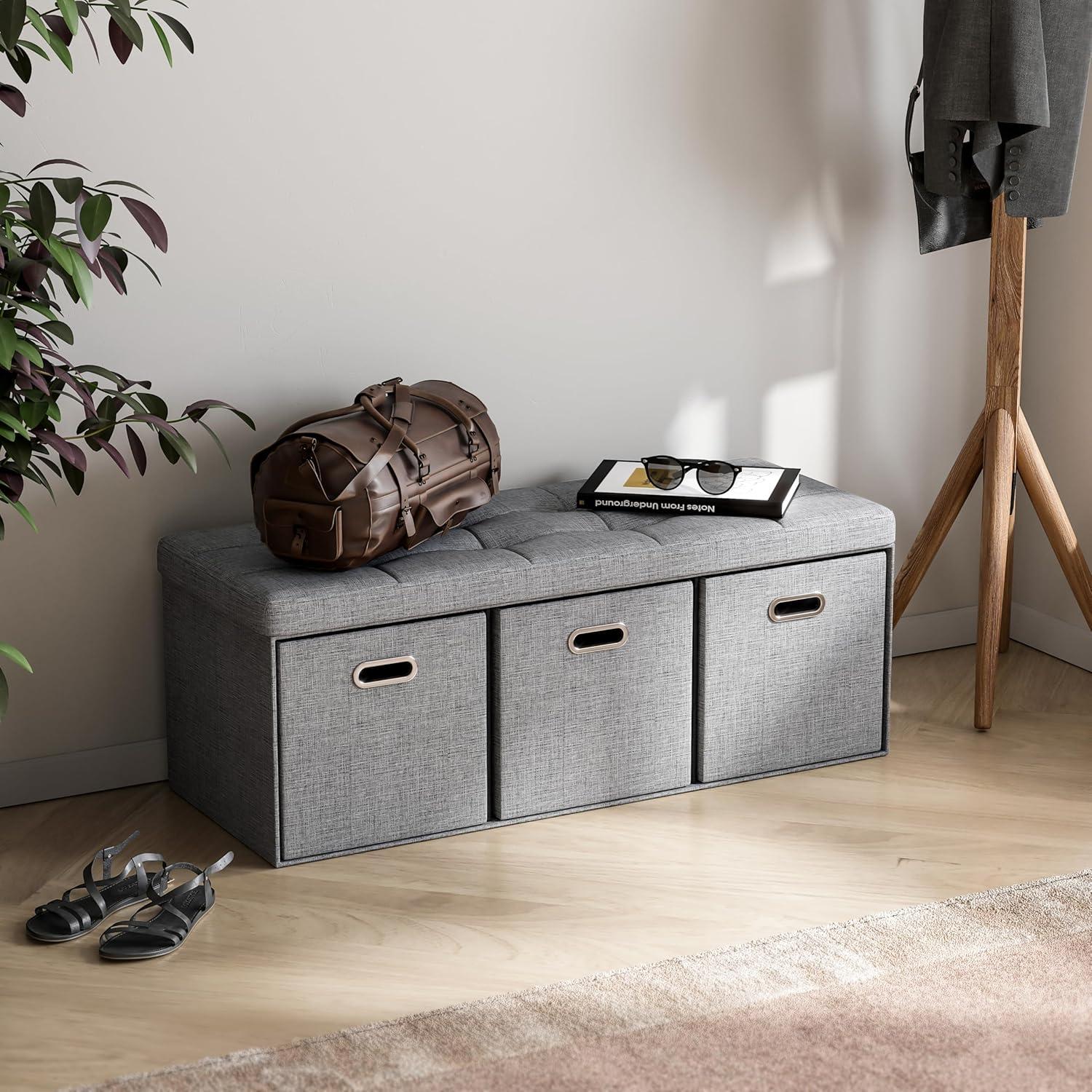 Ornavo Home Collapsible Large Storage Bench Ottoman with Drawers - 40" Inch - Charcoal Gray