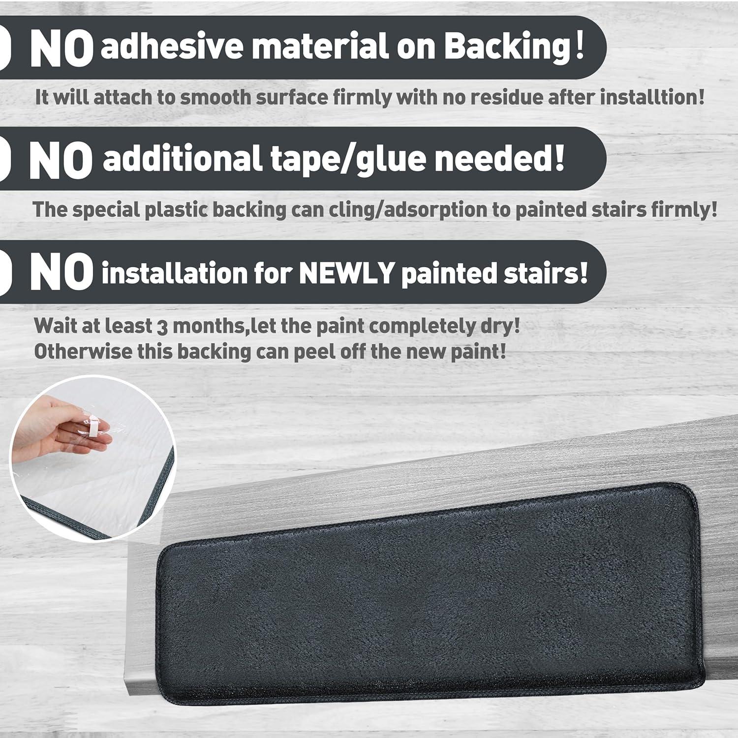 PURE ERA Non-Slip Ultra Plush Soft Bullnose Carpet Stair Treads Set of 14 Tape Free Washable Self Adhesive Dark Grey 9.5" x 30"x1.2"