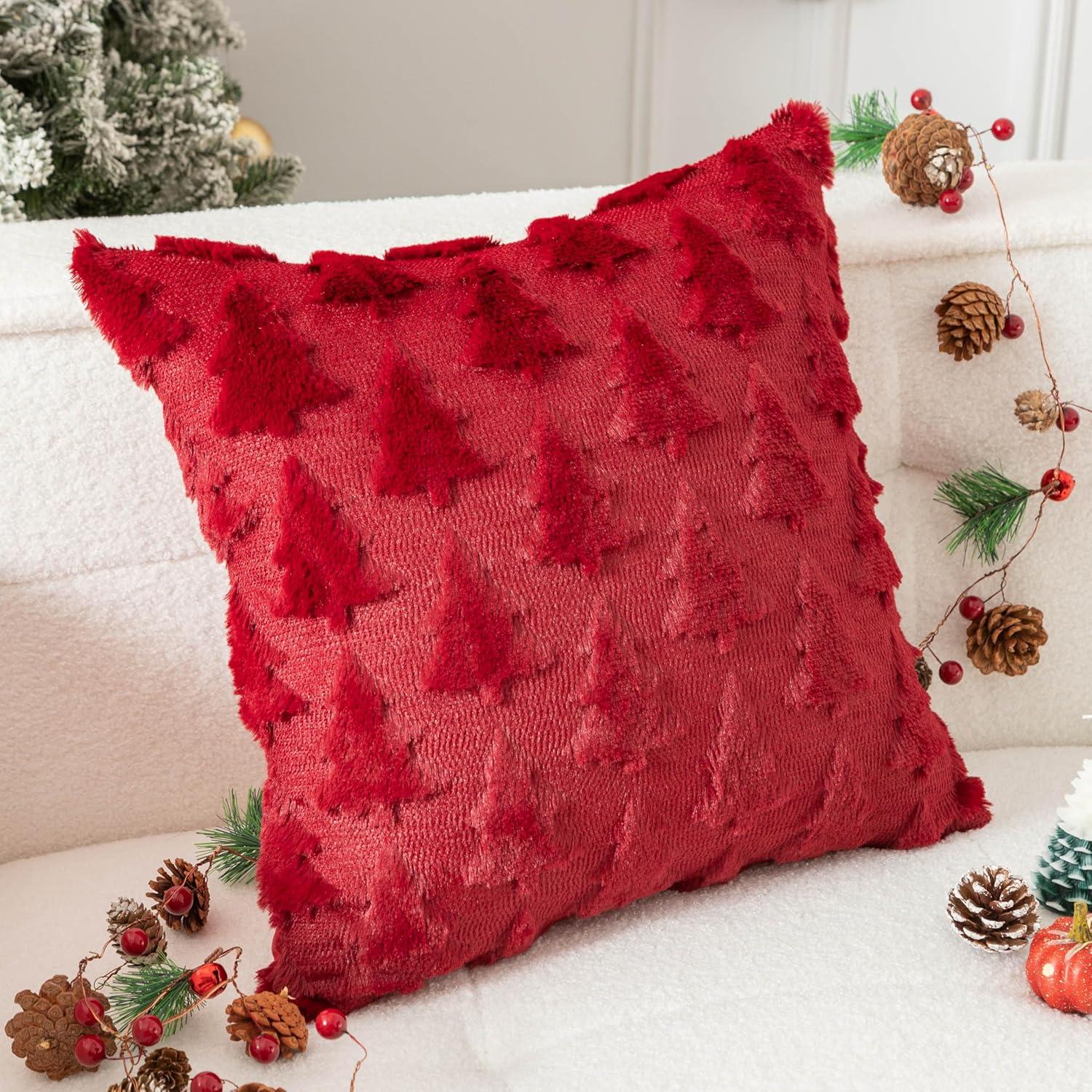 UGASA Pillow Covers 20x20 Inch Set of 2 Soft Plush Faux Fur Christmas Tree Decorative Luxury Jacquard Throw Pillows Pillowcases for Couch Sofa Holiday Festivals Home Decor, Burgundy