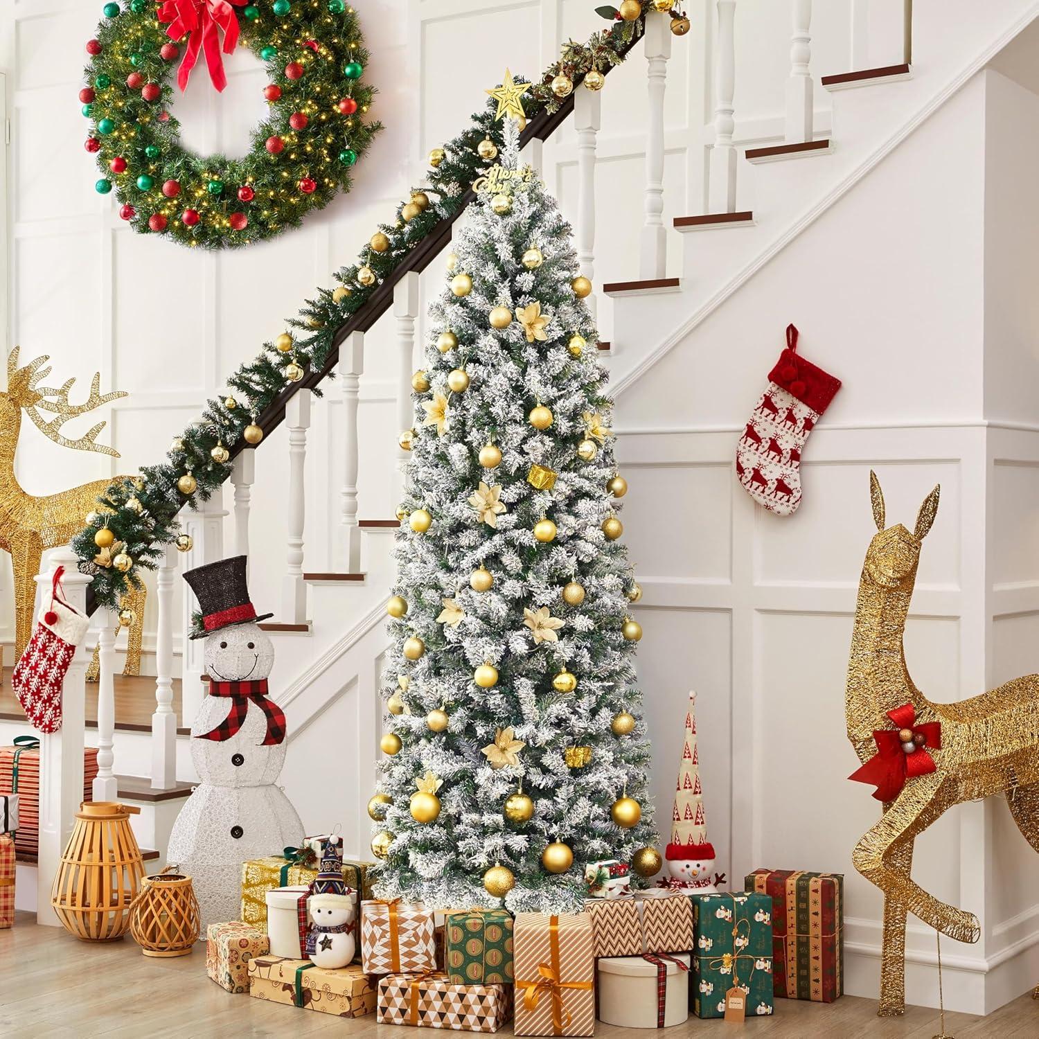 7.5ft Pre-lit Snow-Flocked Kingswood Fir Pencil Artificial Christmas Tree