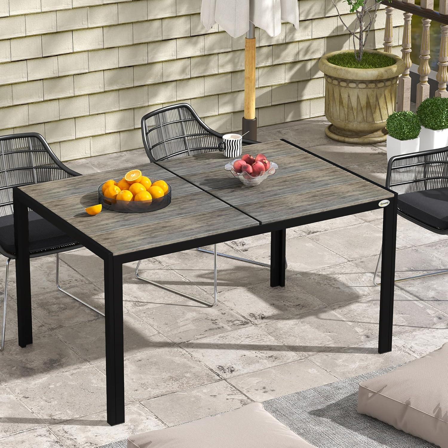 Outsunny Outdoor Dining Table for 6 People, Aluminum Rectangular Patio Table with Faux Wood Tabletop for Backyard, Lawn, 55" x 35.5", Gray