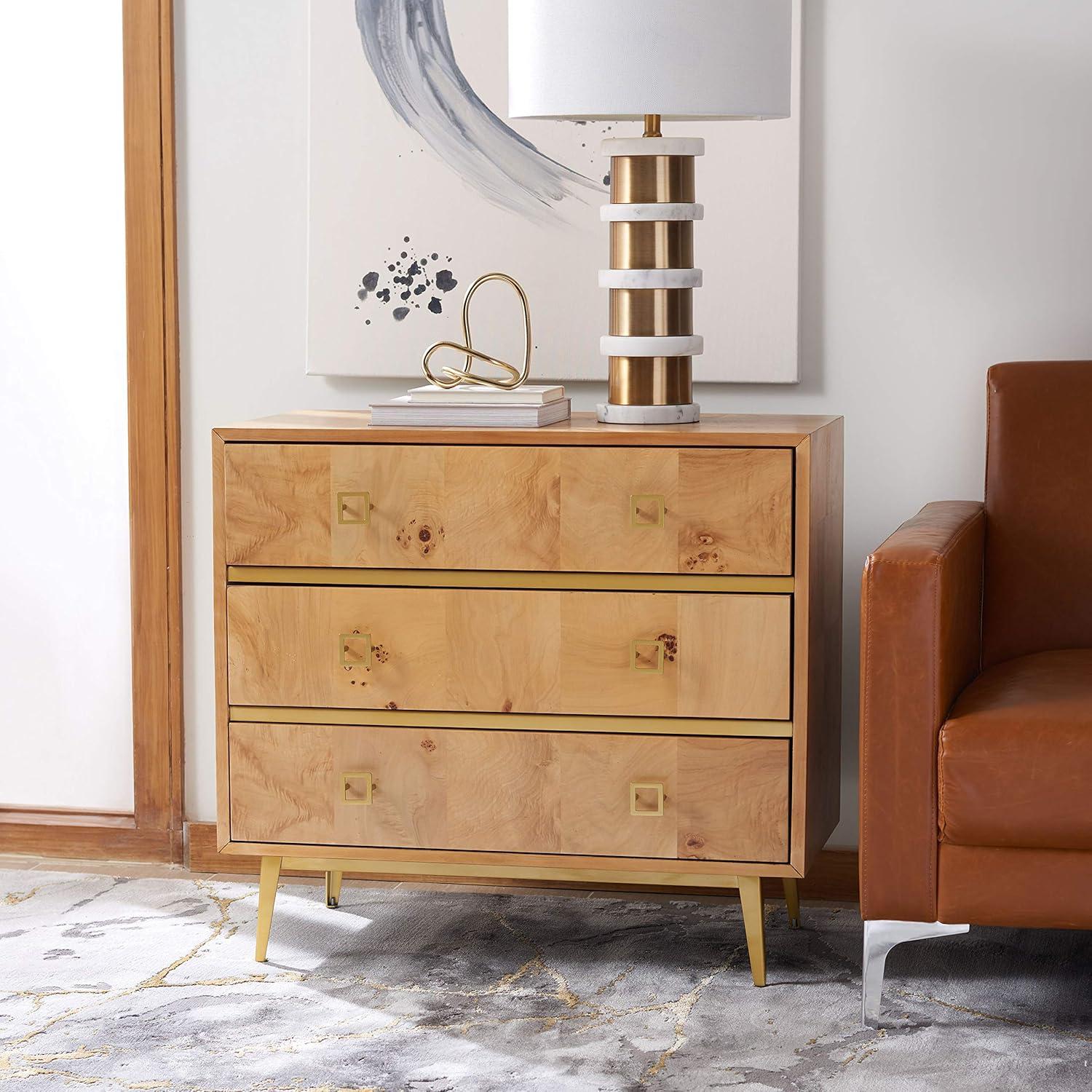 Katia 32" Natural Wood and Gold 3-Drawer Chest