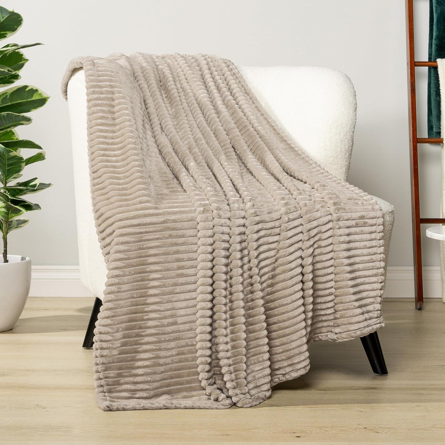 PAVILIA Super Soft Fleece Flannel Ribbed Striped Throw Blanket, Luxury Fuzzy Plush Warm Cozy for Sofa Couch Bed