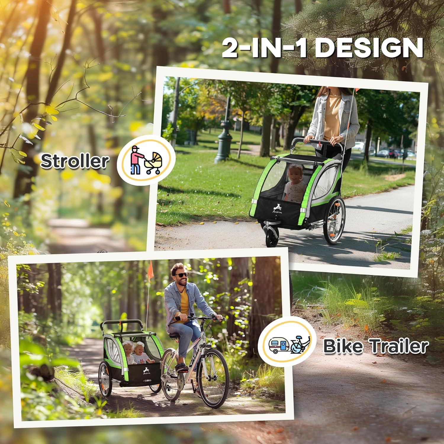 Aosom 2-in-1 Walk/Ride Child Baby Bike Trailer for Kids 2 Seater, High-Visibility Bike Stroller for Toddler Wagon, Weather-Strong Double Bicycle Trailer Accessory for Kids