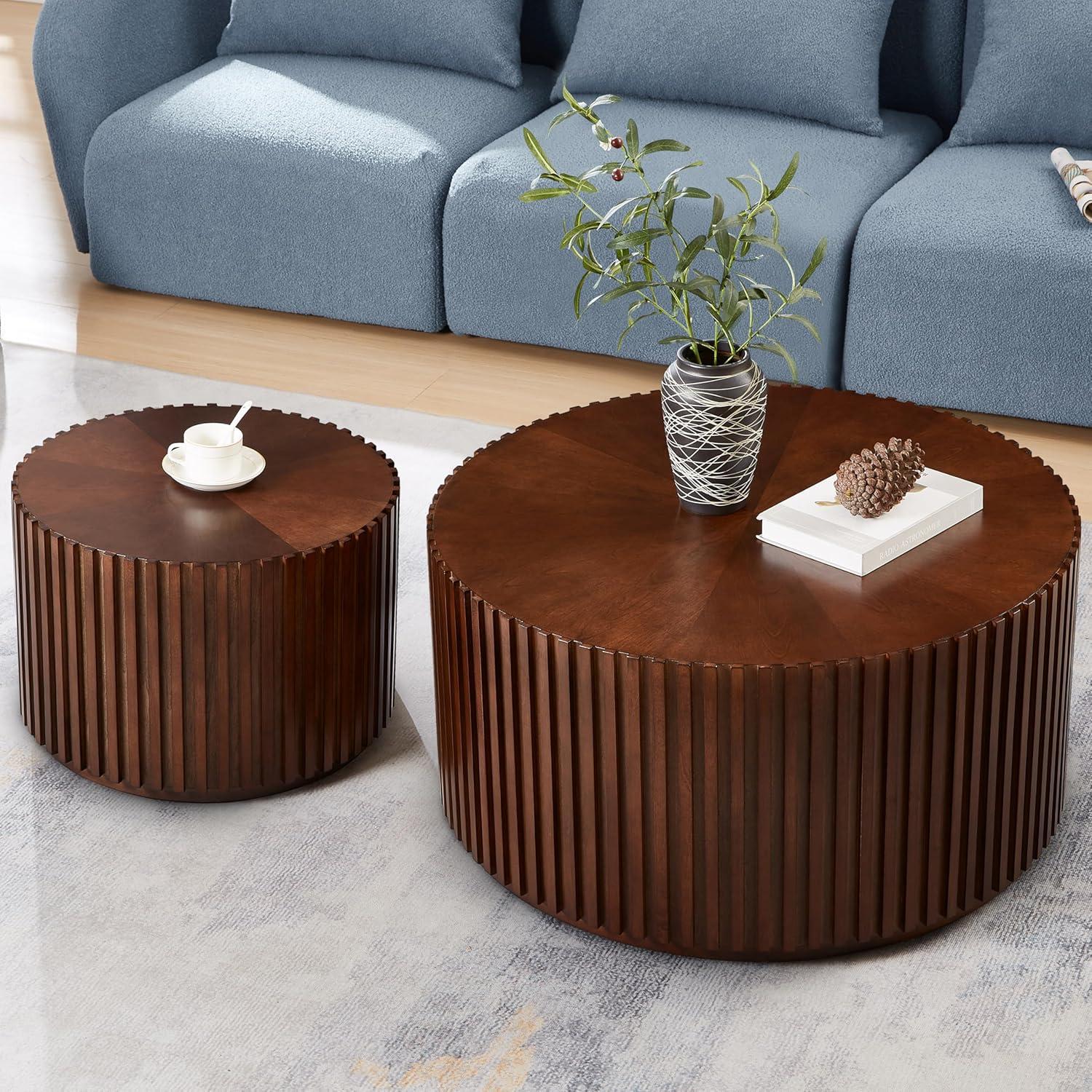 Handcraft Round Coffee Table Set of 2,Brown Nesting Side Table End Table,Modern Drum Side Table for Small Space,Living Room,Office,Bedroom-Cuddlewood