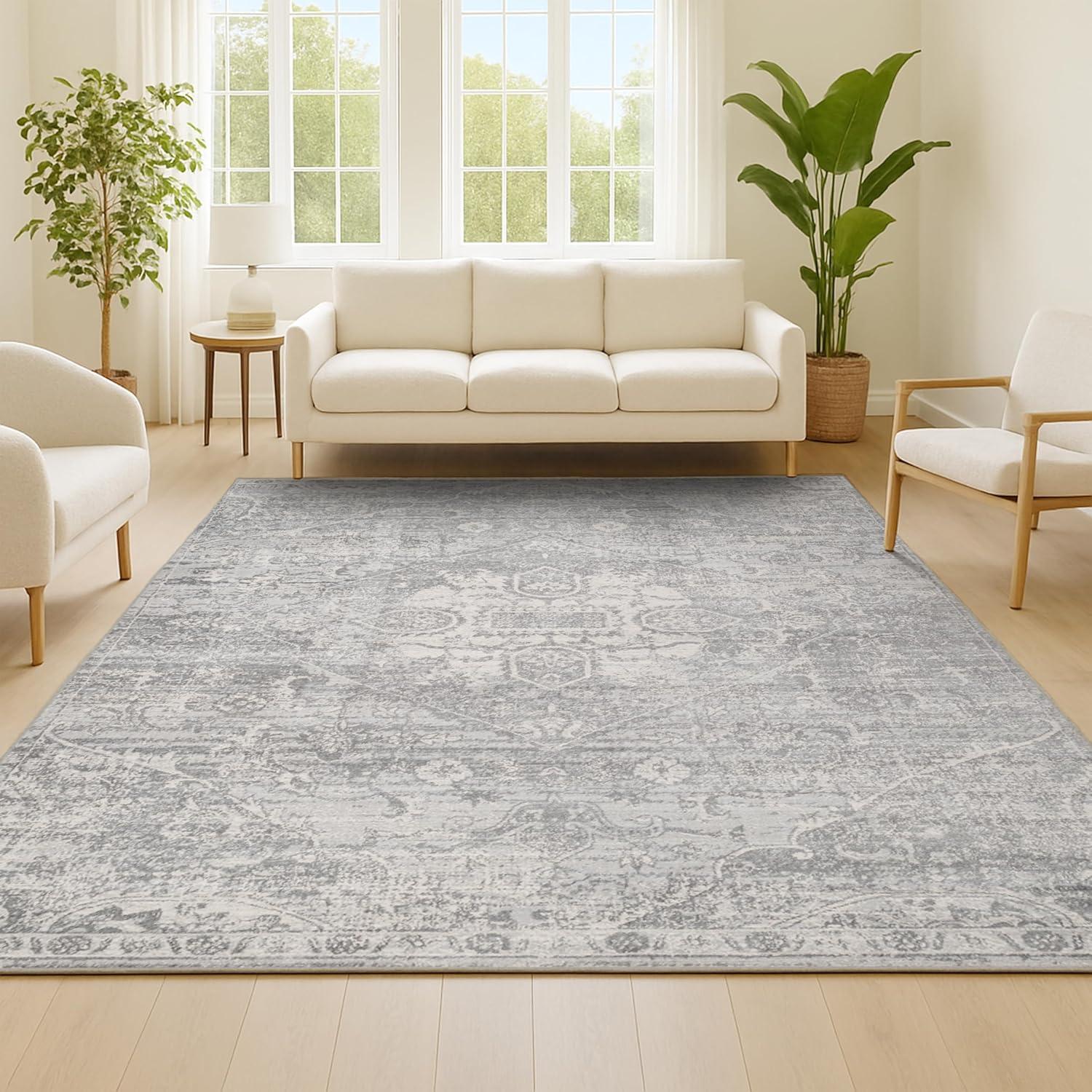 4' X 6' Modern Persian Vintage Medallion Area Rug, Gray - JONATHAN Y