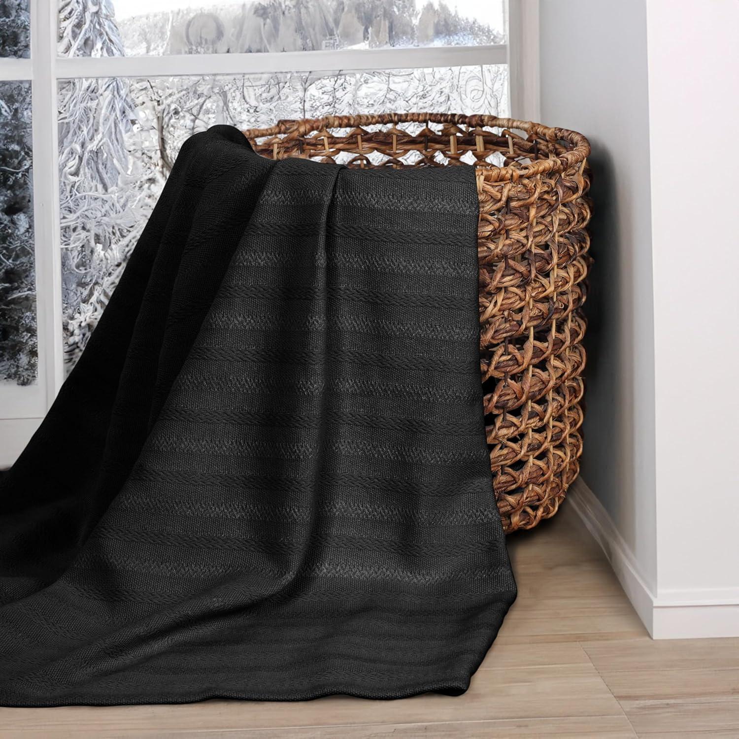 Superior Clara Cotton Striped Woven Blanket, Throw, Black